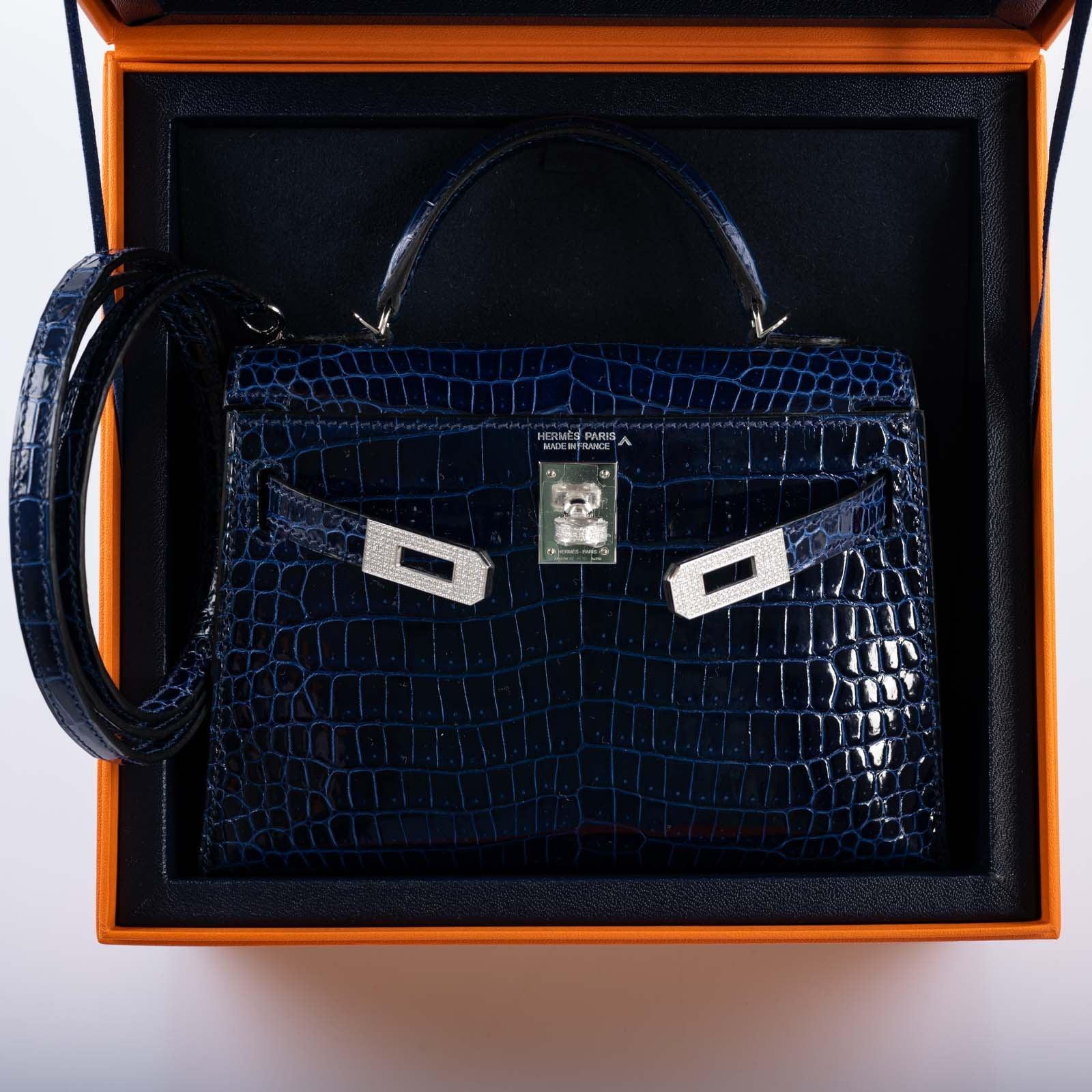 Hermès Kelly 20 Mini II Sellier Blue Sapphire Porosus Crocodile White Gold Hardware with Diamonds