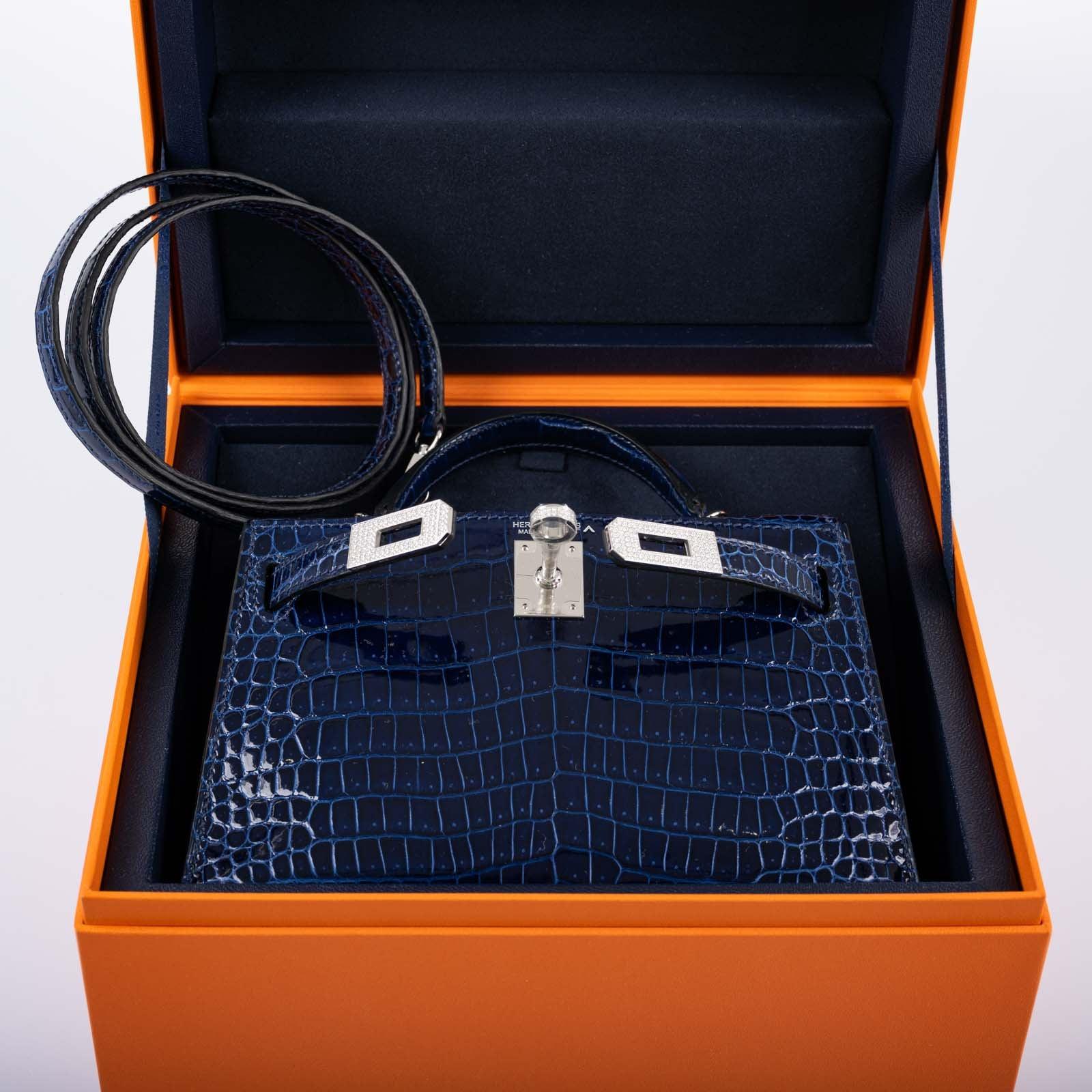 Hermès Kelly 20 Mini II Sellier Blue Sapphire Porosus Crocodile White Gold Hardware with Diamonds