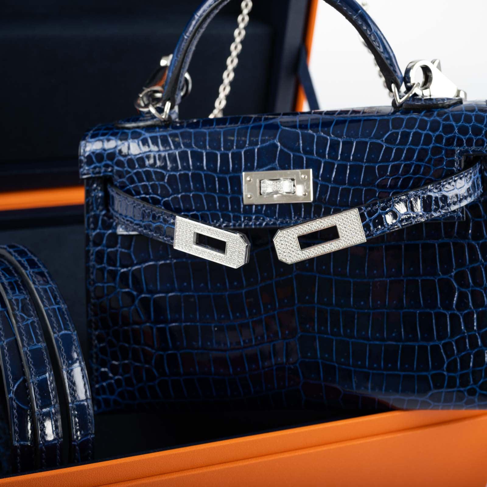 Hermès Kelly 20 Mini II Sellier Blue Sapphire Porosus Crocodile White Gold Hardware with Diamonds