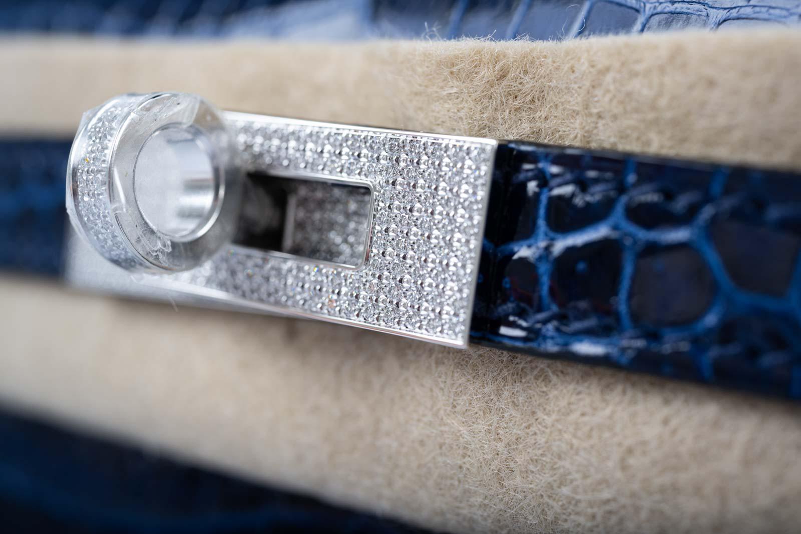 Hermès Kelly 20 Mini II Sellier Blue Sapphire Porosus Crocodile White Gold Hardware with Diamonds