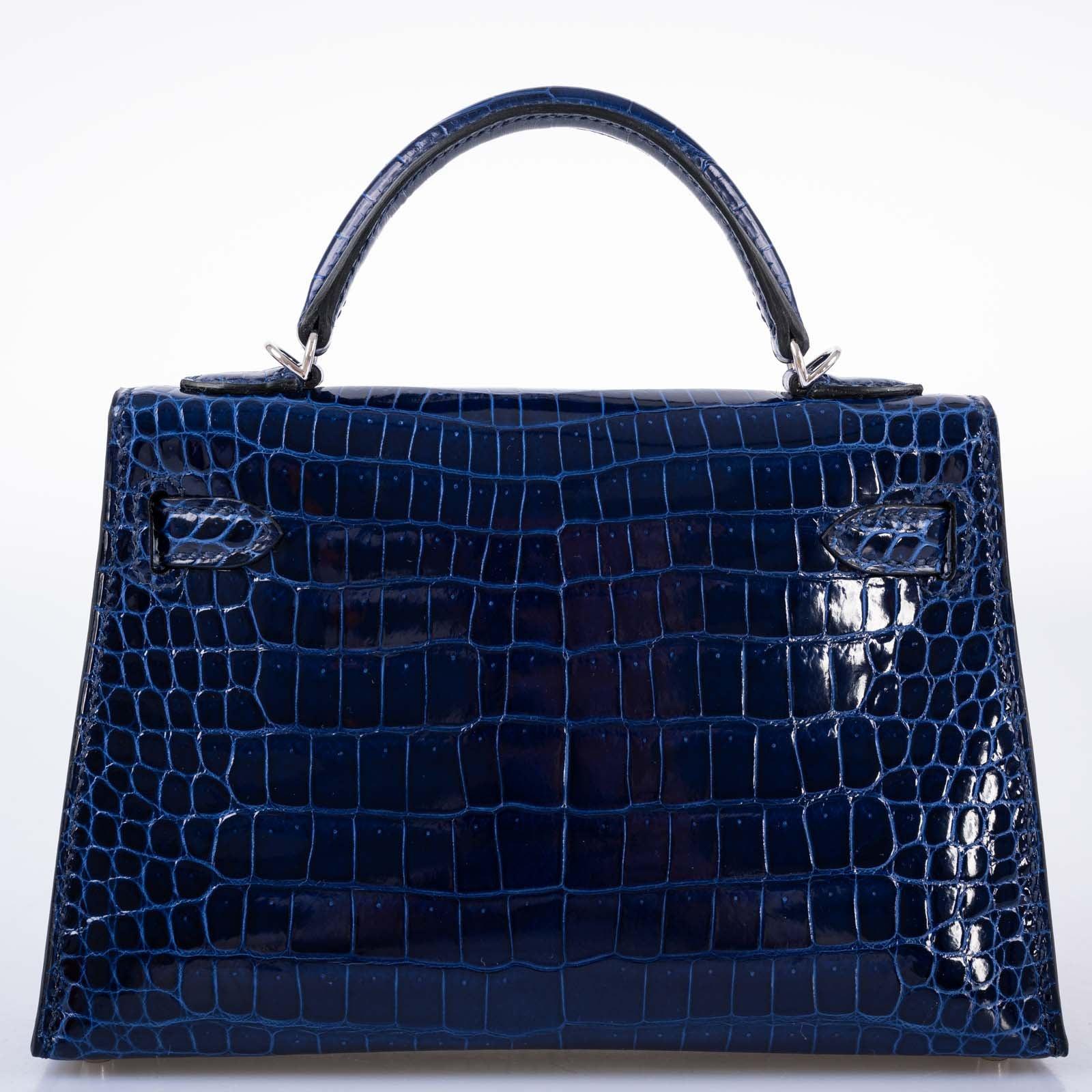 Hermès Kelly 20 Mini II Sellier Blue Sapphire Porosus Crocodile White Gold Hardware with Diamonds