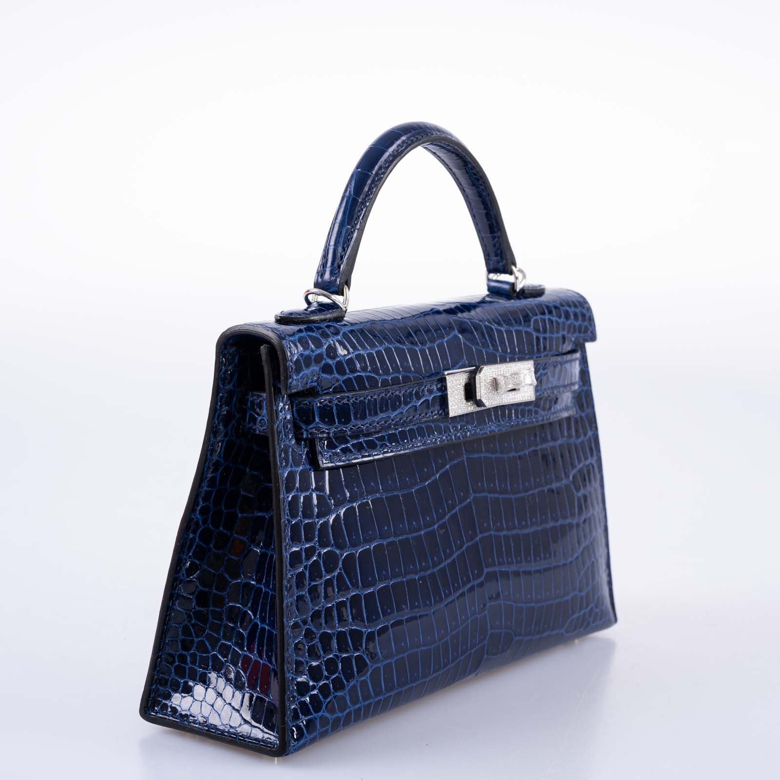 Hermès Kelly 20 Mini II Sellier Blue Sapphire Porosus Crocodile White Gold Hardware with Diamonds