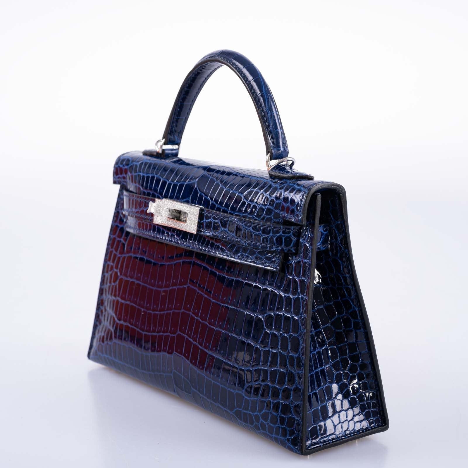 Hermès Kelly 20 Mini II Sellier Blue Sapphire Porosus Crocodile White Gold Hardware with Diamonds
