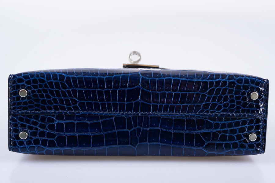 Hermès Kelly 20 Mini II Sellier Blue Sapphire Porosus Crocodile White Gold Hardware with Diamonds