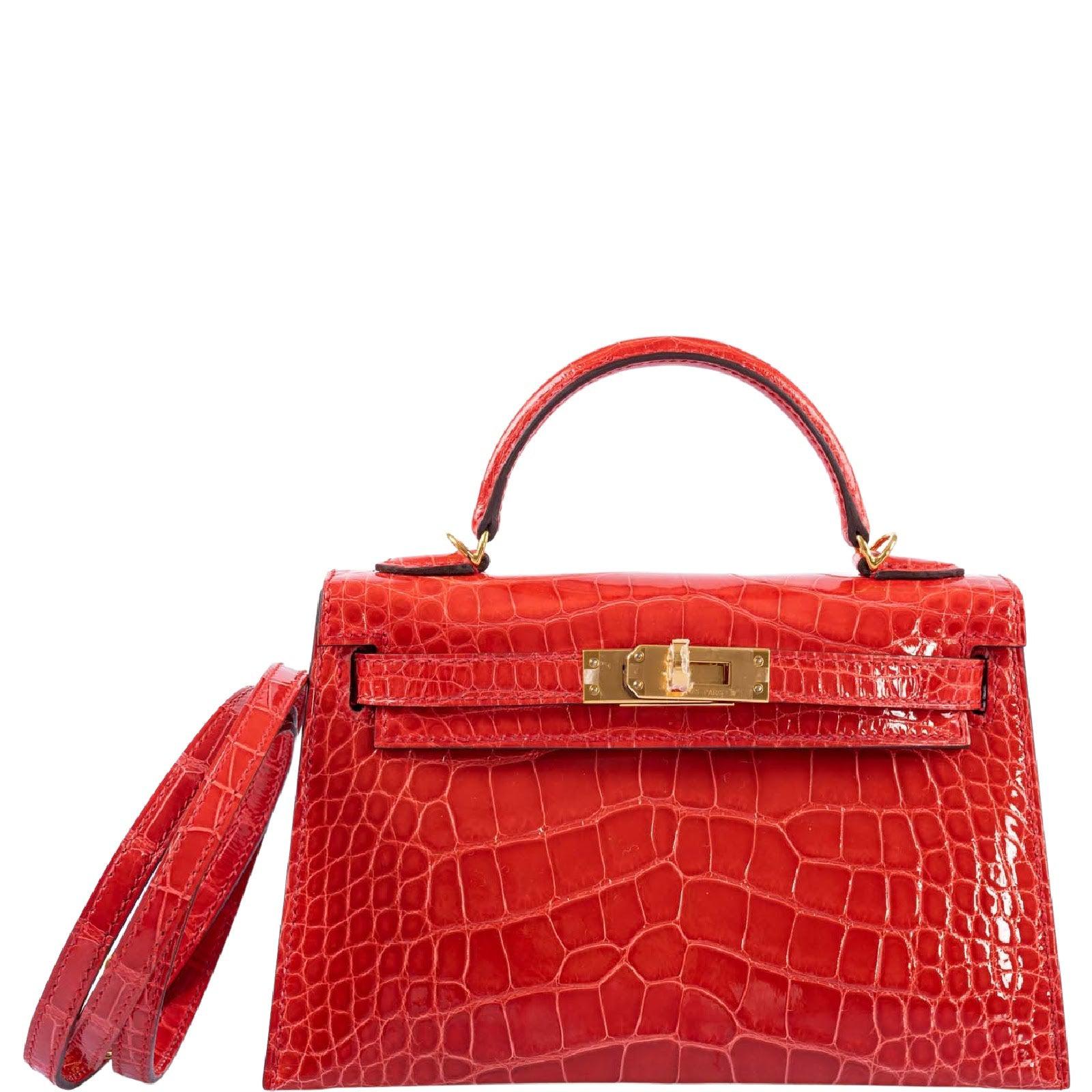 Hermès Kelly 20 Mini II Sellier Rouge de Coeur Shiny Alligator with Gold Hardware
