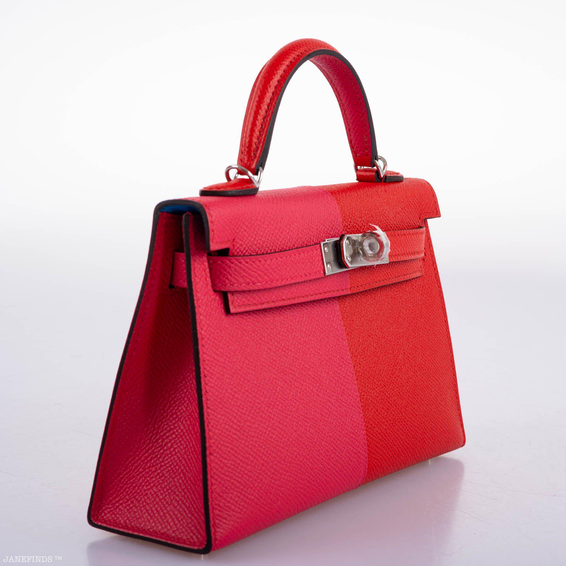 Hermès Kelly 20 Mini II Sellier Tri-color Rose Extreme, Rouge de Coeur, Bleu Zanzibar Epsom Palladium