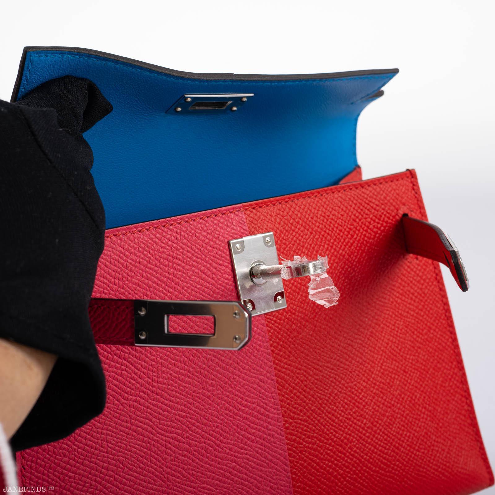 Hermès Kelly 20 Mini II Sellier Tri-color Rose Extreme, Rouge de Coeur, Bleu Zanzibar Epsom Palladium