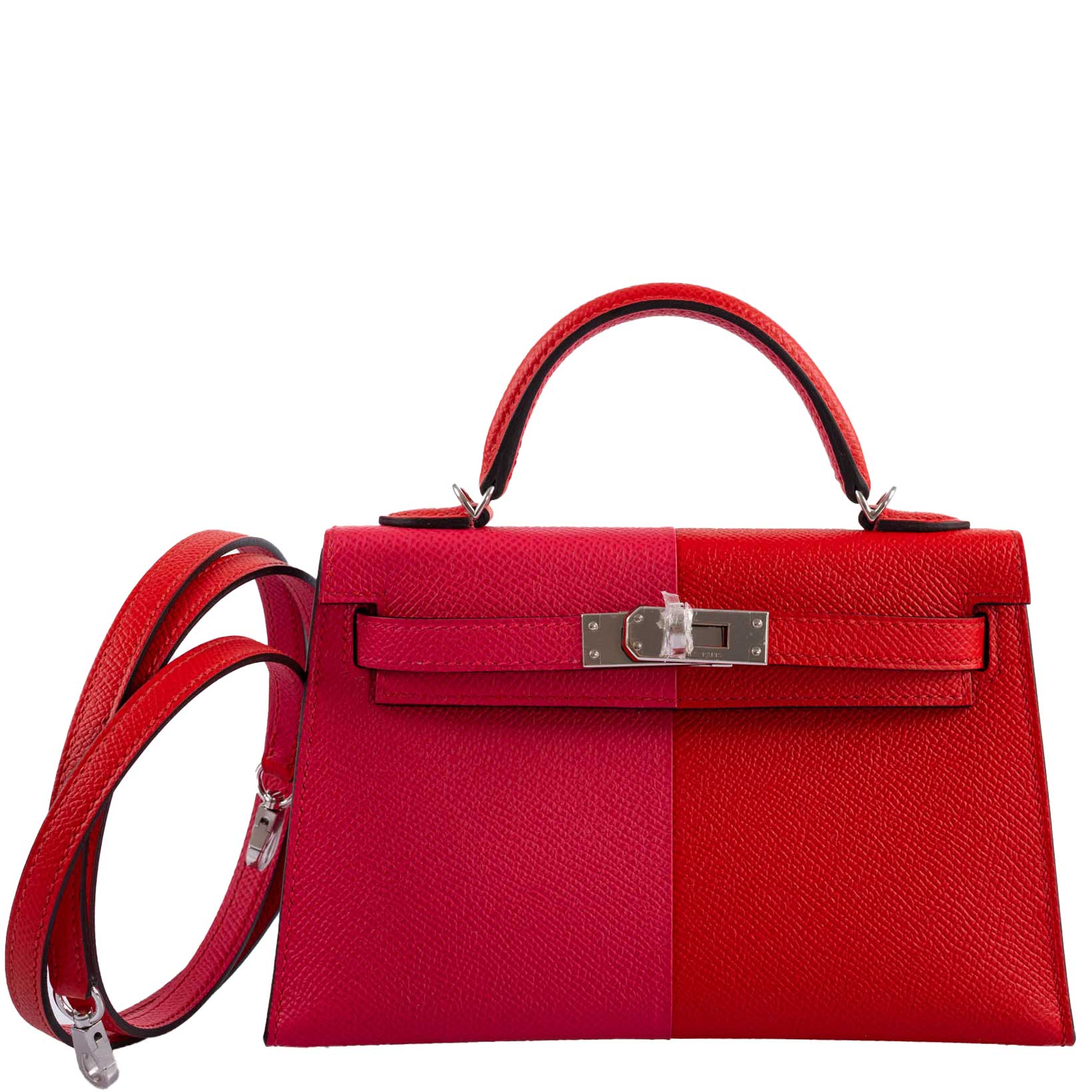 Hermès Kelly 20 Mini II Sellier Tri-color Rose Extreme, Rouge de Coeur, Bleu Zanzibar Epsom Palladium