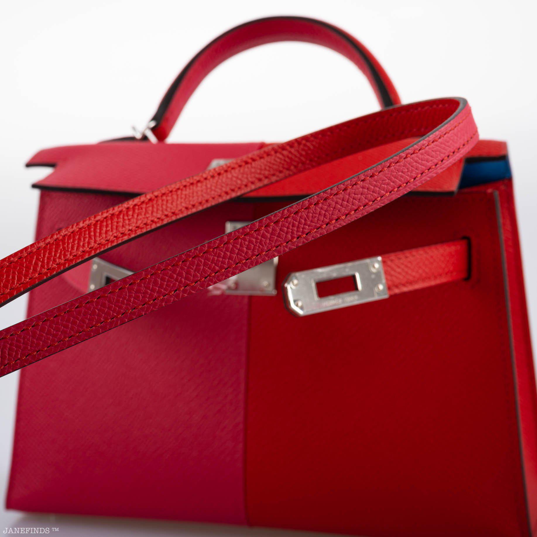 Hermès Kelly 20 Mini II Sellier Tri-color Rose Extreme, Rouge de Coeur, Bleu Zanzibar Epsom Palladium