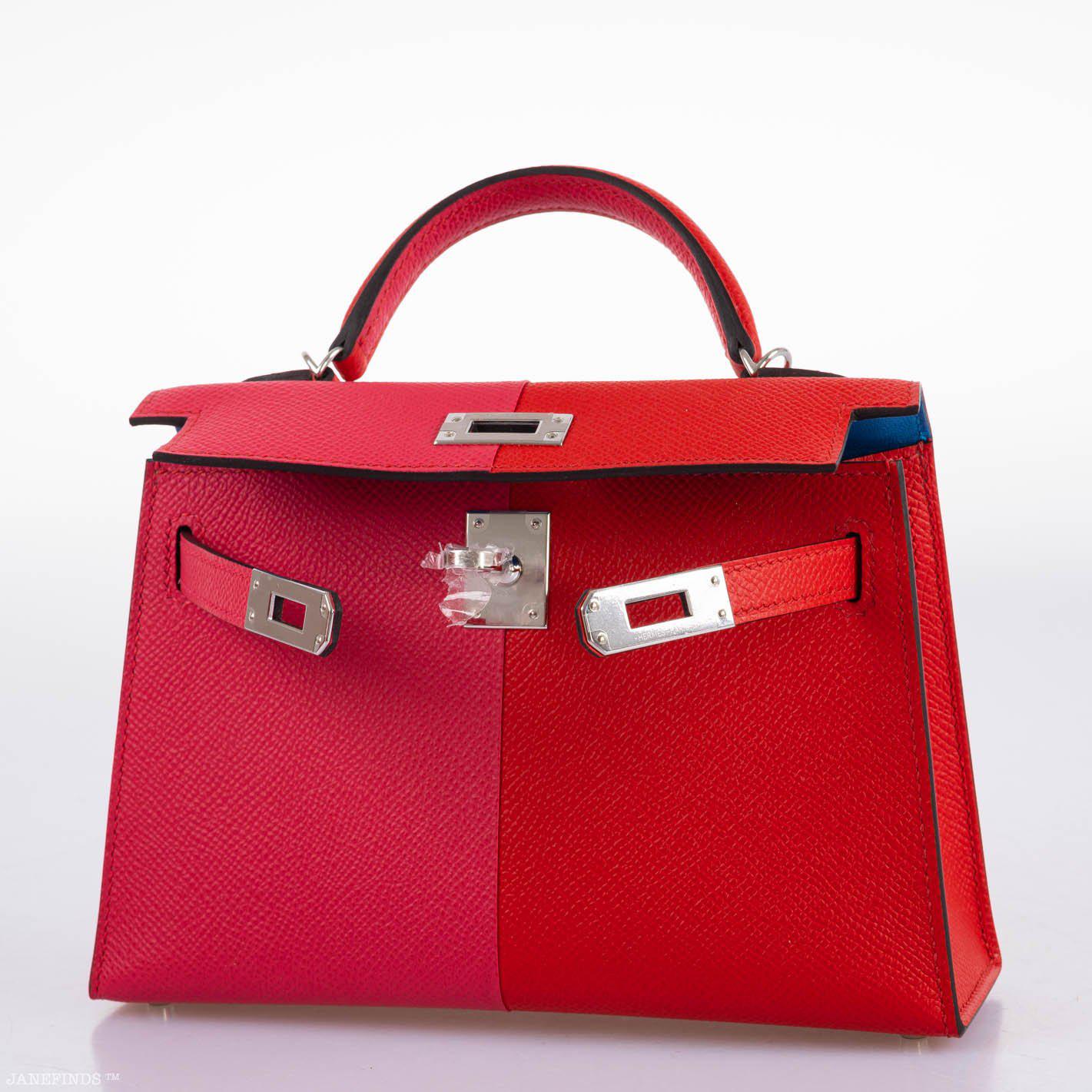 Hermès Kelly 20 Mini II Sellier Tri-color Rose Extreme, Rouge de Coeur, Bleu Zanzibar Epsom Palladium