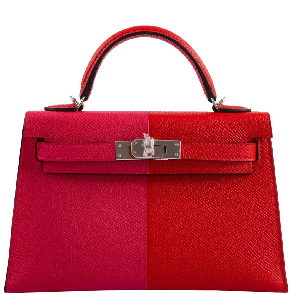 Hermès Kelly 20 Mini II Sellier Tri-color Rose Extreme, Rouge de Coeur, Bleu Zanzibar Epsom Palladium