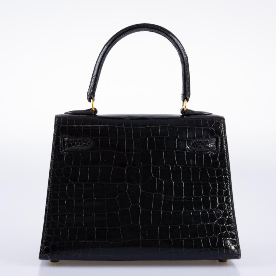 Hermès Kelly 20 Mini Sellier Vintage Shiny Black Noir Porosus Crocodile with Gold Hardware