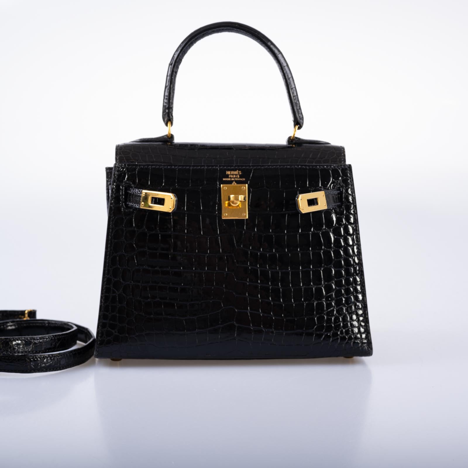 Hermès Kelly 20 Mini Sellier Vintage Shiny Black Noir Porosus Crocodile with Gold Hardware