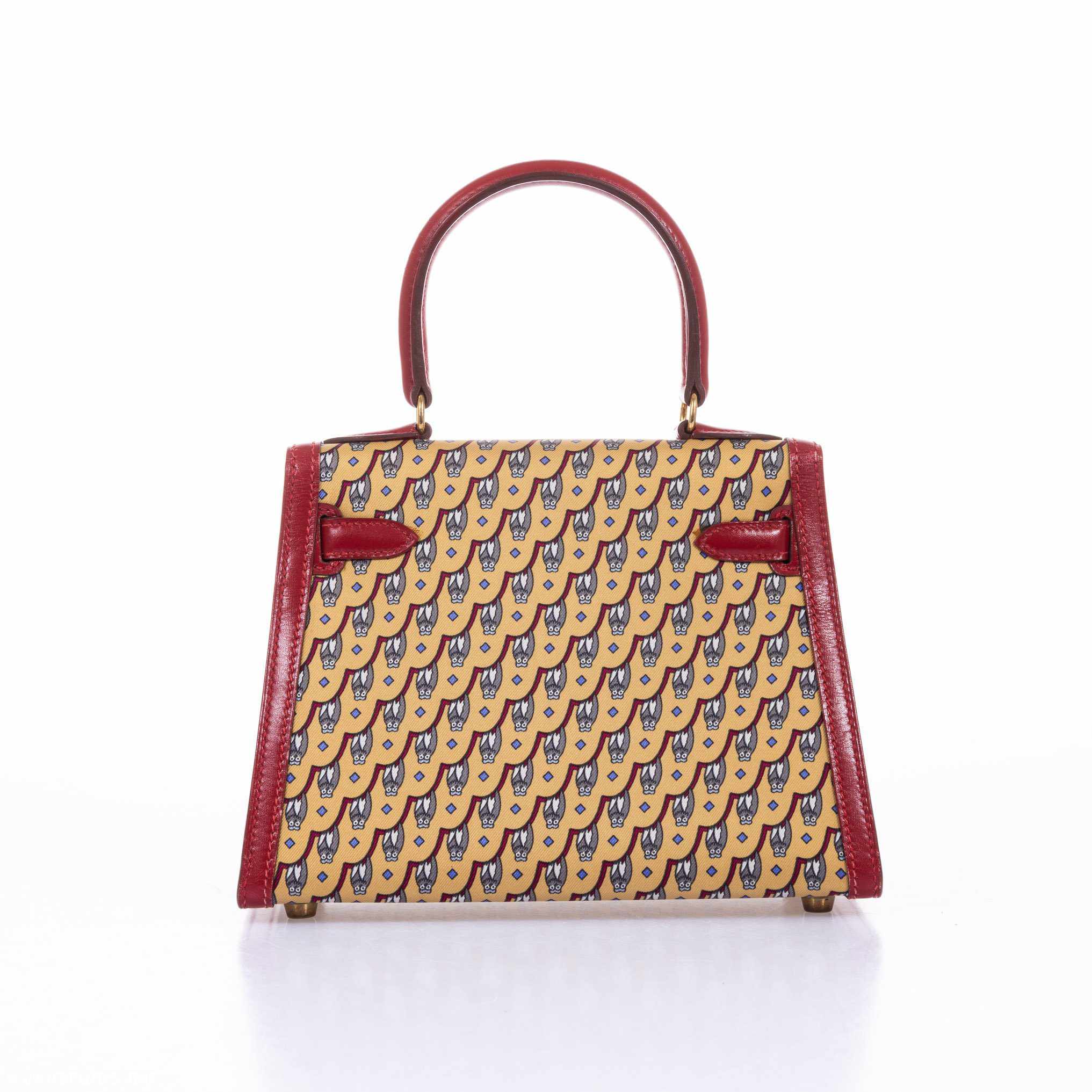 Hermes Kelly 20 Owl Print Silk, Rouge Vif Box Gold Hardware