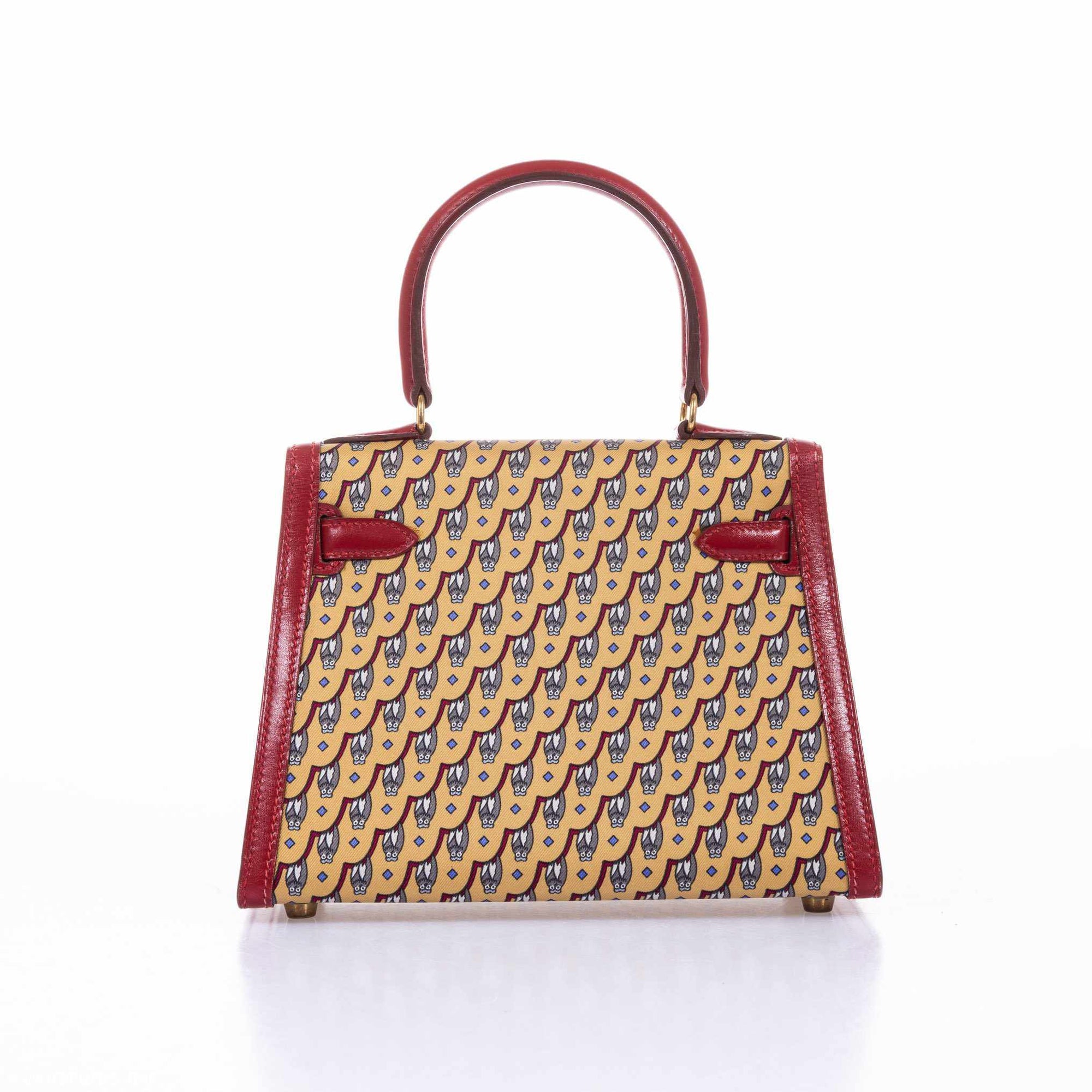Hermès Vintage Kelly 20 Sellier Owl Print Jaune Silk & Rouge Vif Box Calf Gold Hardware