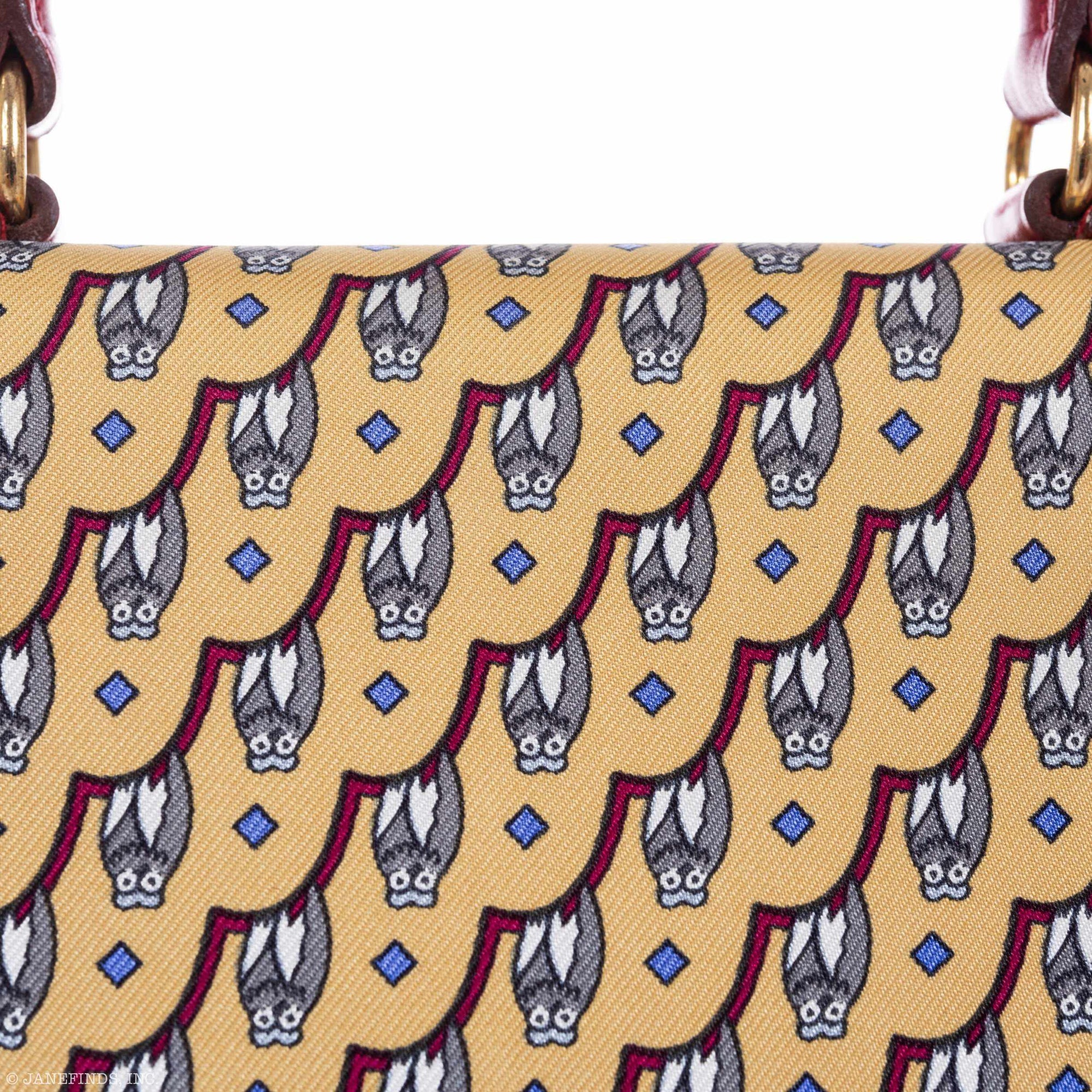 Hermès Vintage Kelly 20 Sellier Owl Print Jaune Silk & Rouge Vif Box Calf Gold Hardware