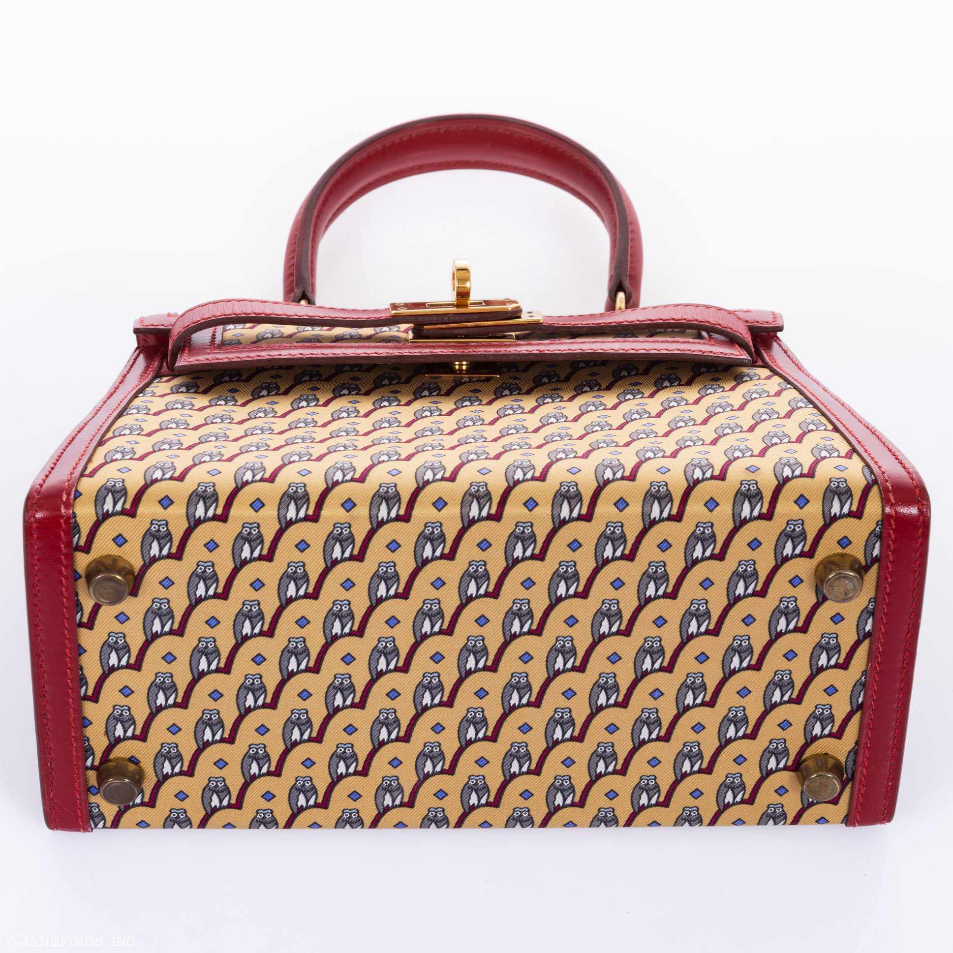 Hermès Vintage Kelly 20 Sellier Owl Print Jaune Silk & Rouge Vif Box Calf Gold Hardware