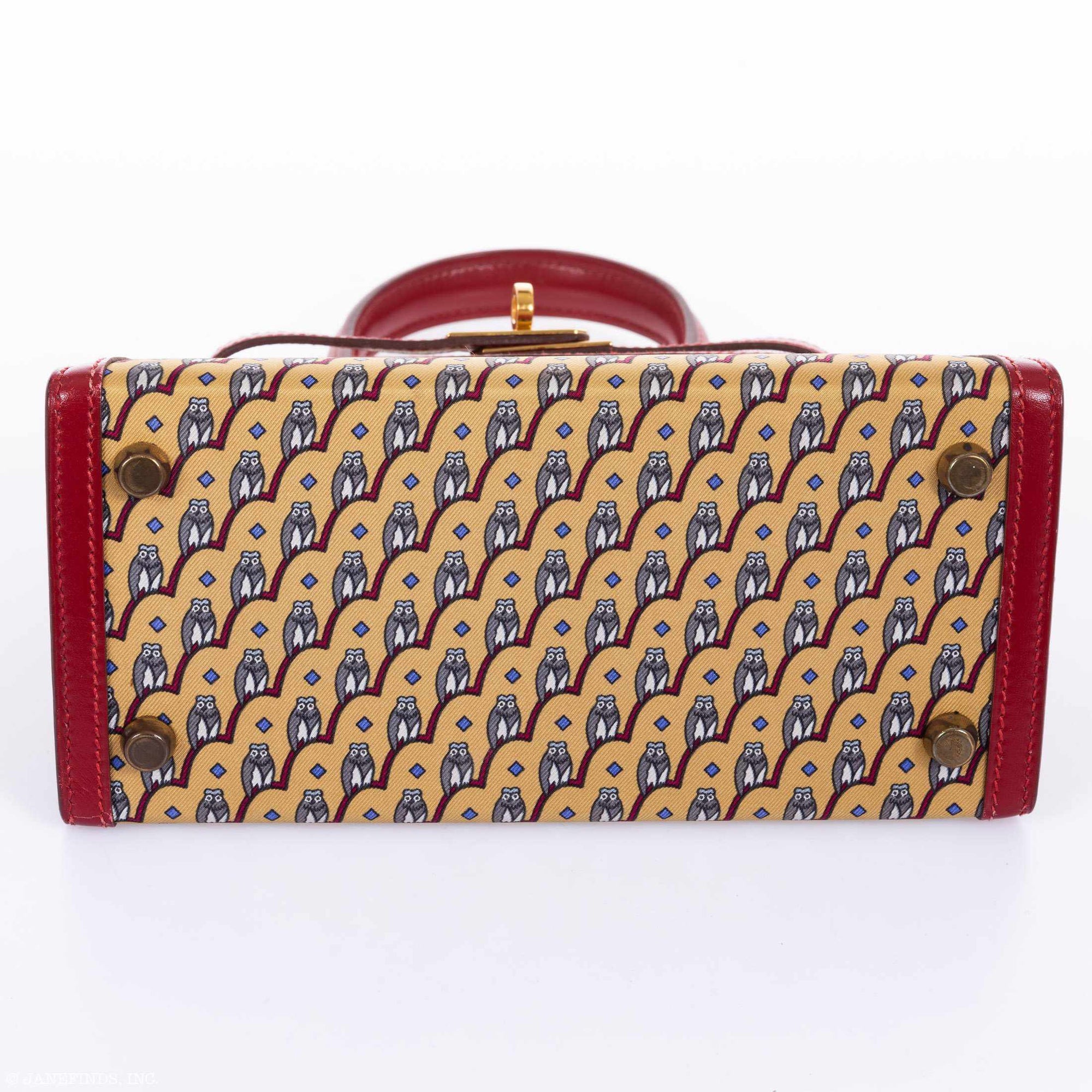 Hermès Vintage Kelly 20 Sellier Owl Print Jaune Silk & Rouge Vif Box Calf Gold Hardware