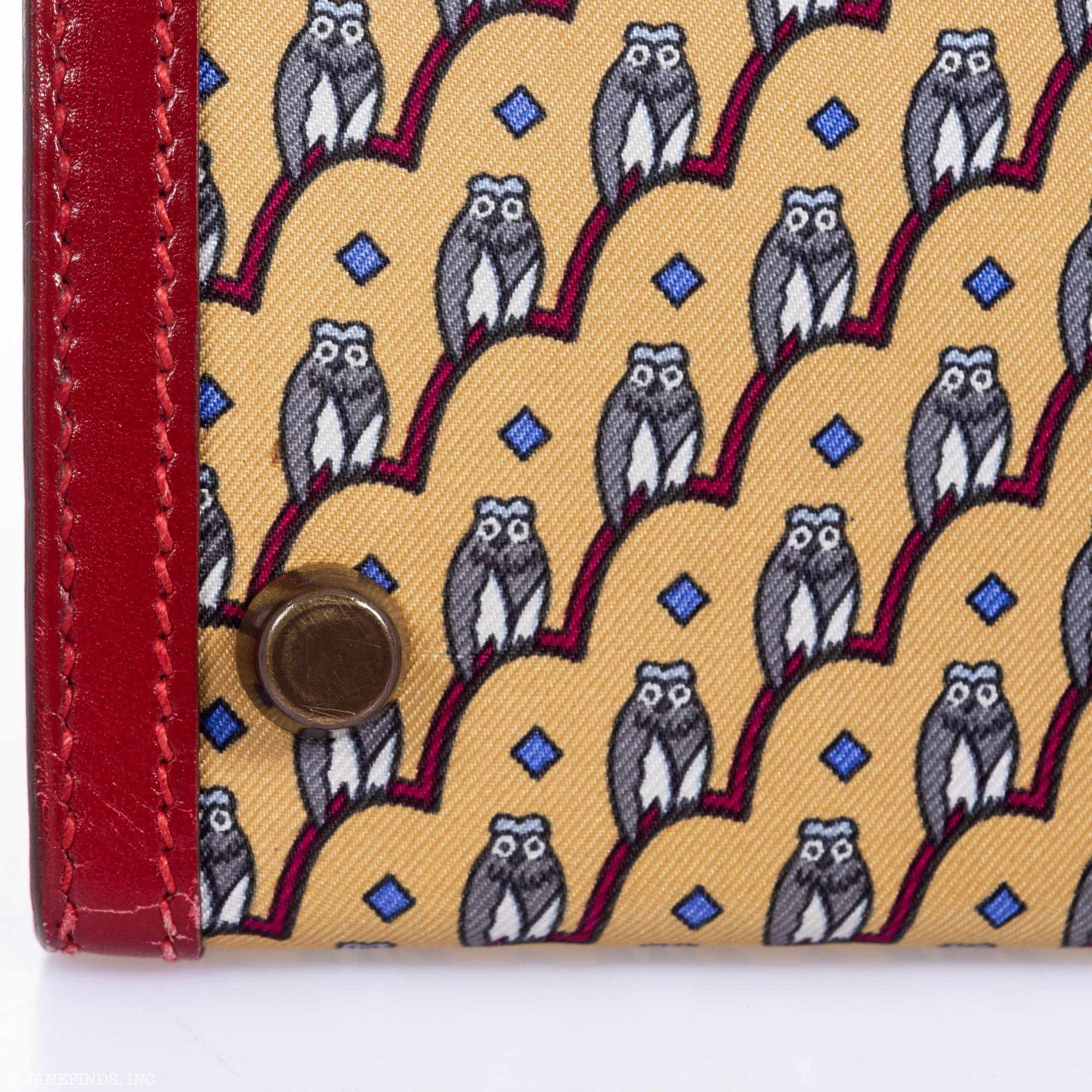 Hermès Vintage Kelly 20 Sellier Owl Print Jaune Silk & Rouge Vif Box Calf Gold Hardware
