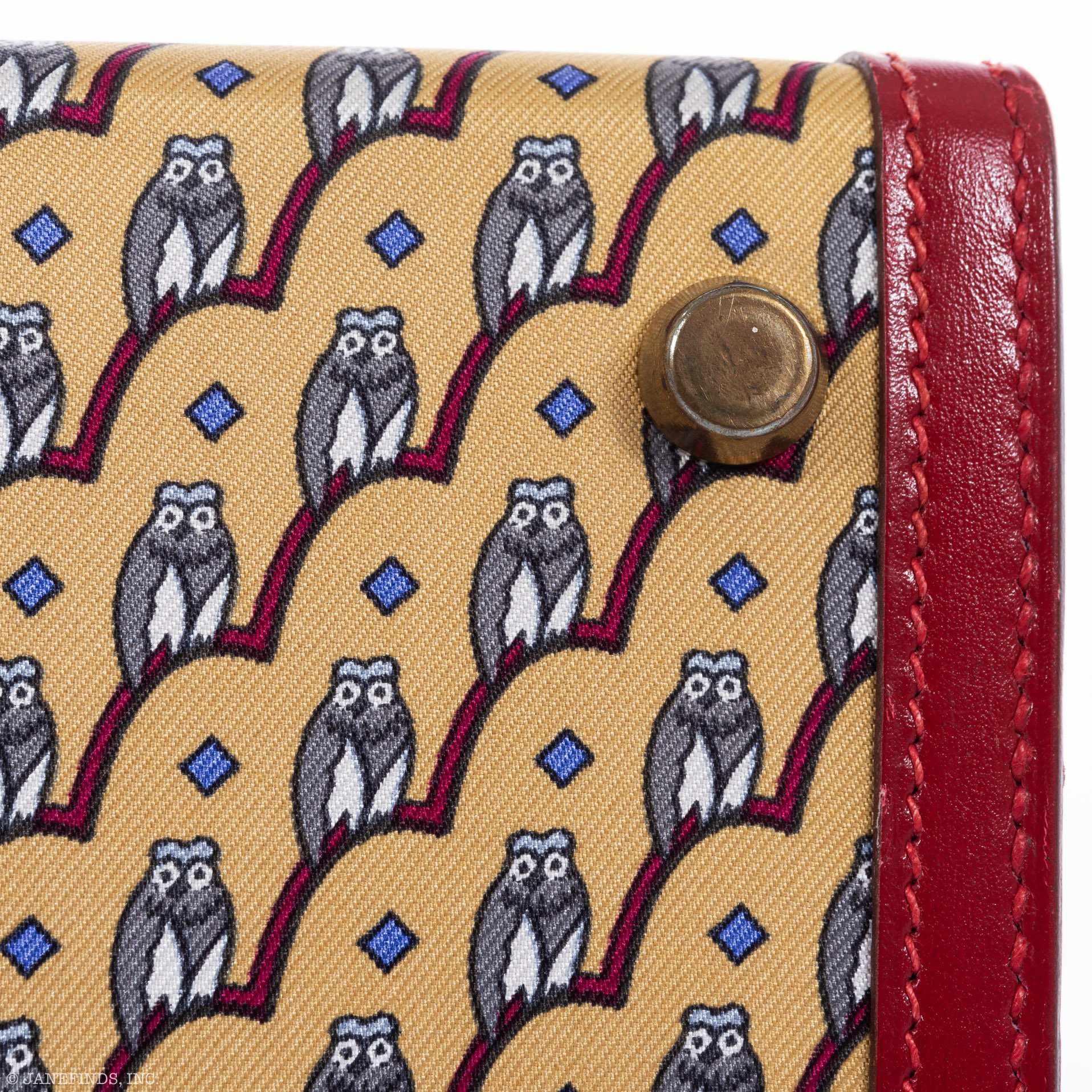 Hermès Vintage Kelly 20 Sellier Owl Print Jaune Silk & Rouge Vif Box Calf Gold Hardware