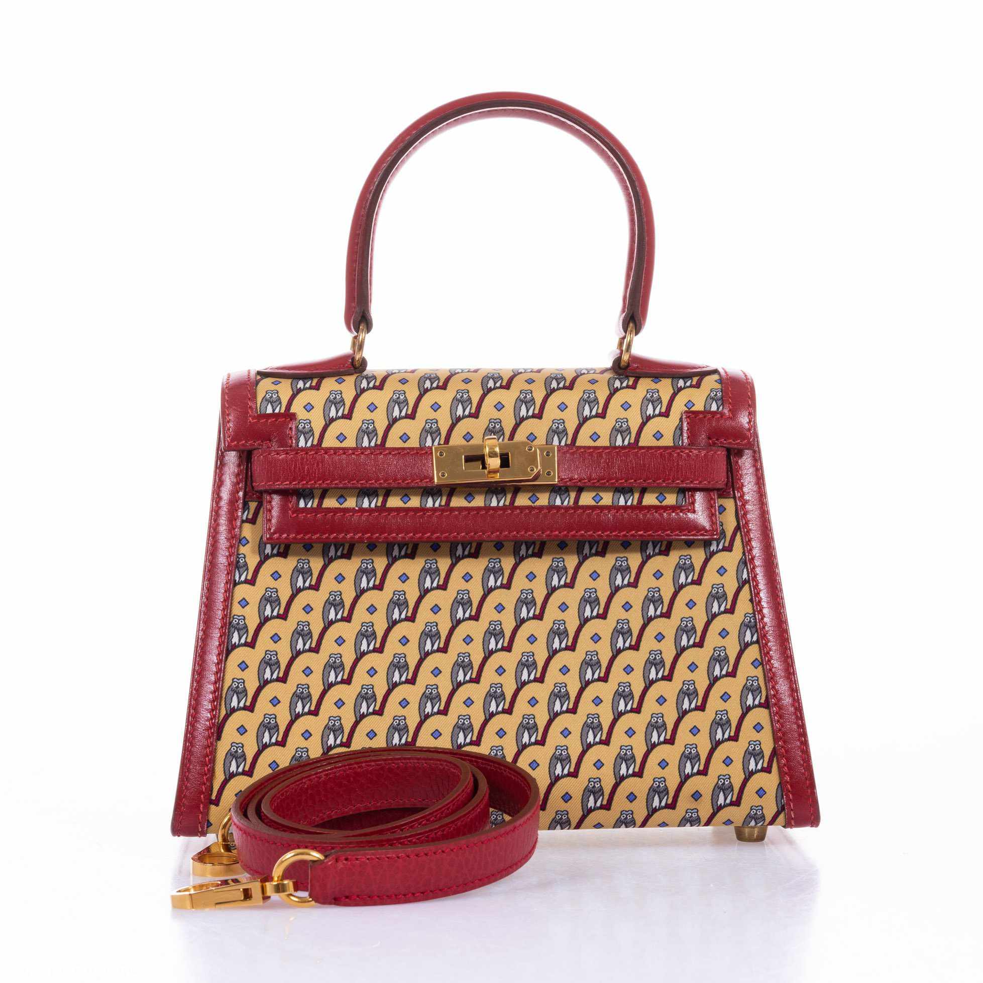 Hermès Vintage Kelly 20 Sellier Owl Print Jaune Silk & Rouge Vif Box Calf Gold Hardware