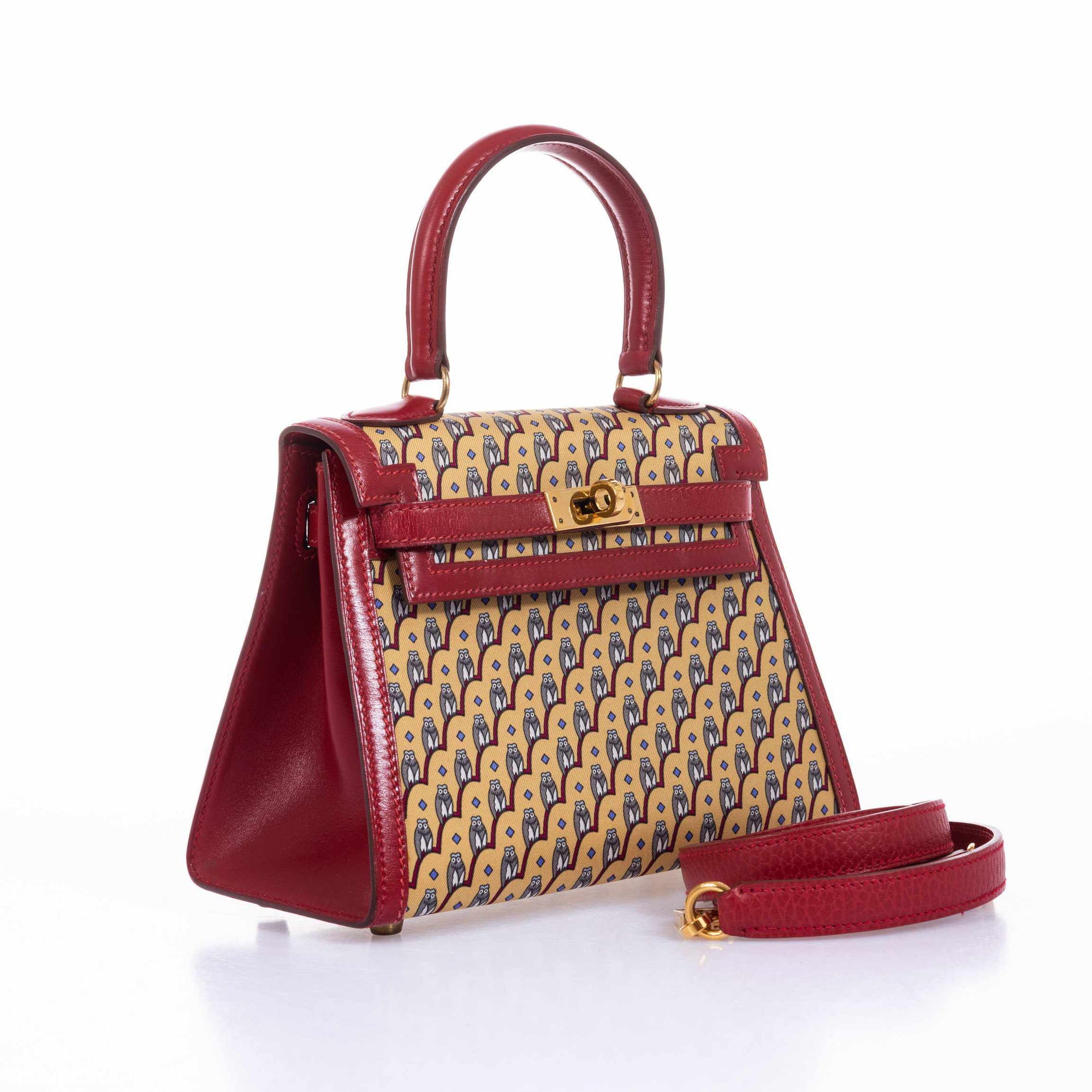 Hermès Vintage Kelly 20 Sellier Owl Print Jaune Silk & Rouge Vif Box Calf Gold Hardware