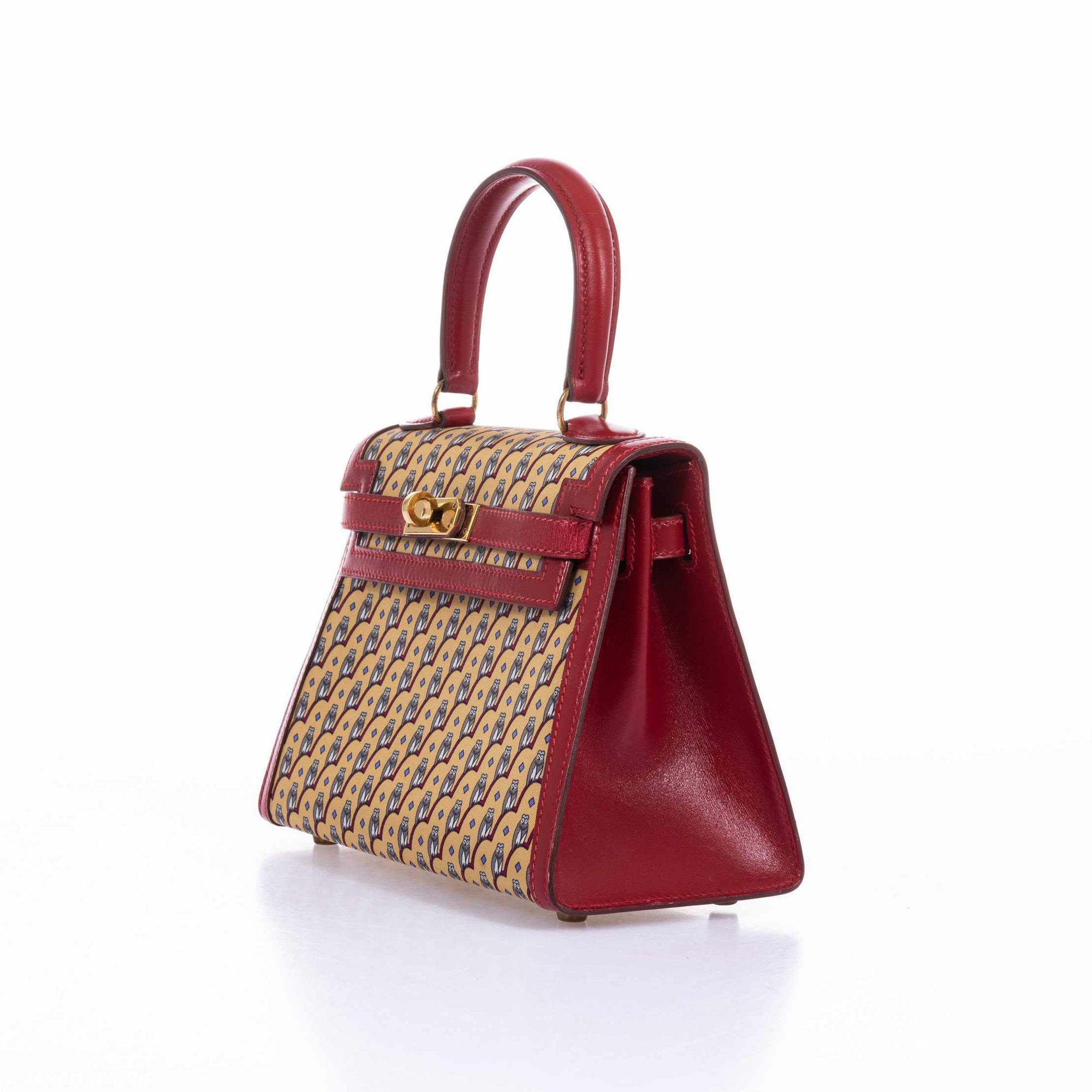 Hermès Vintage Kelly 20 Sellier Owl Print Jaune Silk & Rouge Vif Box Calf Gold Hardware
