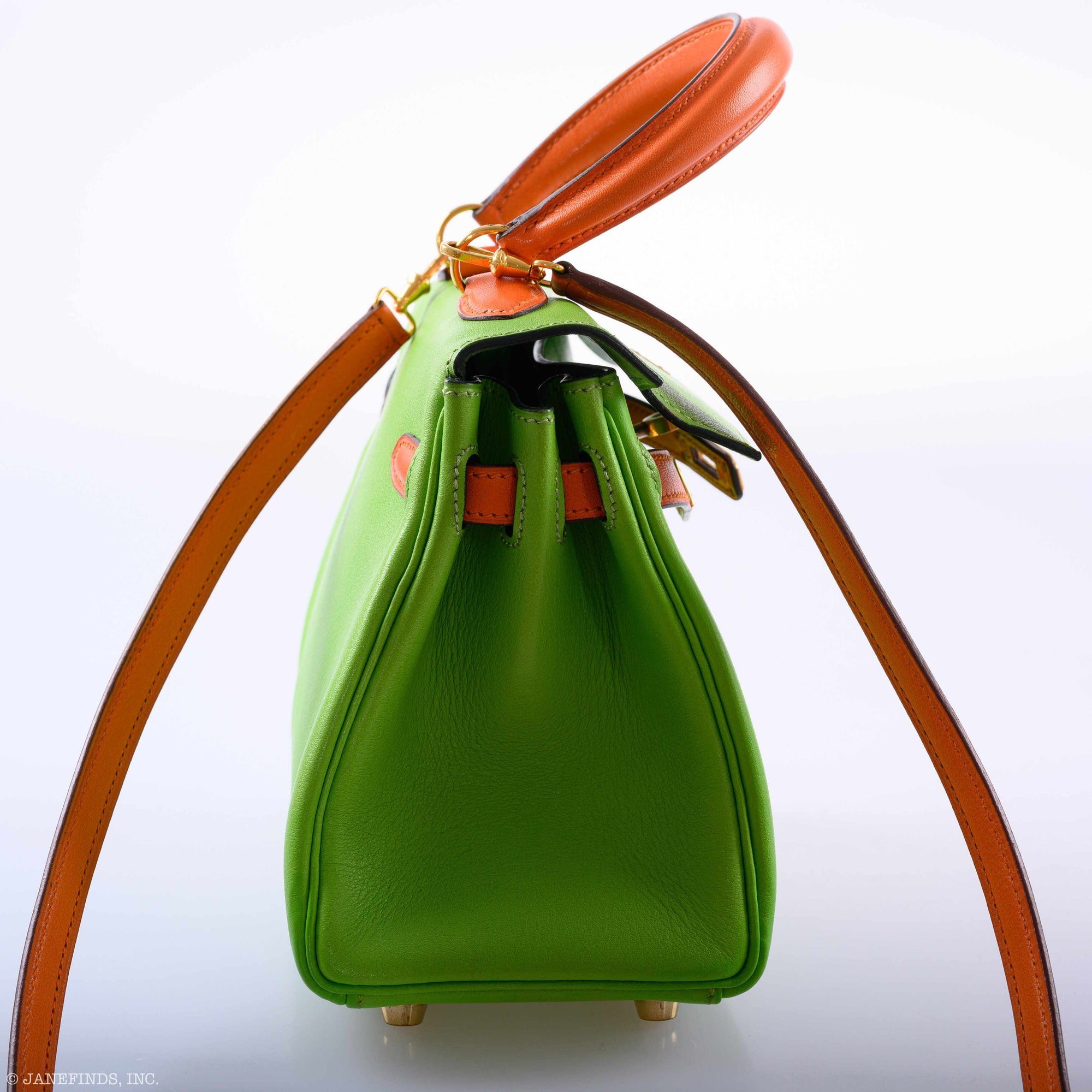 Hermès Kelly 20 Retourne Vert Cru and Orange H Gulliver Gold Hardware