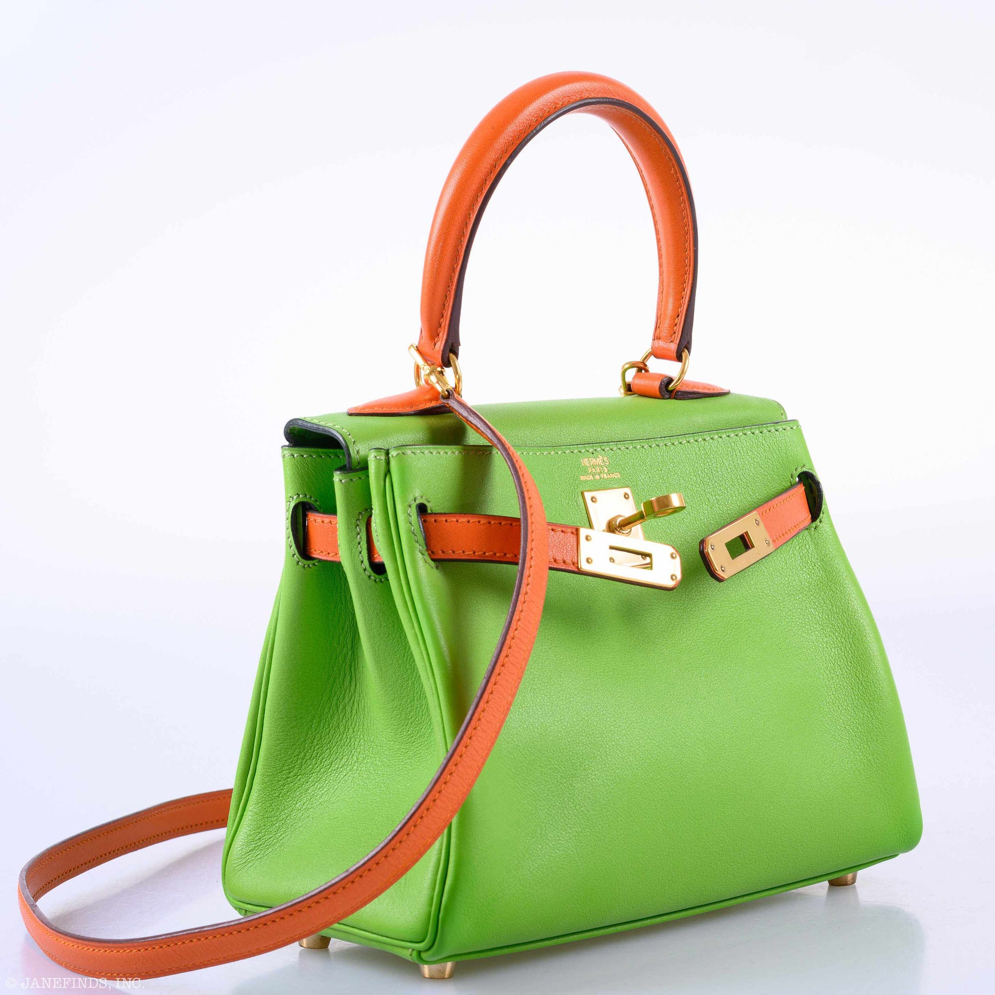 Hermès Kelly 20 Retourne Vert Cru and Orange H Gulliver Gold Hardware