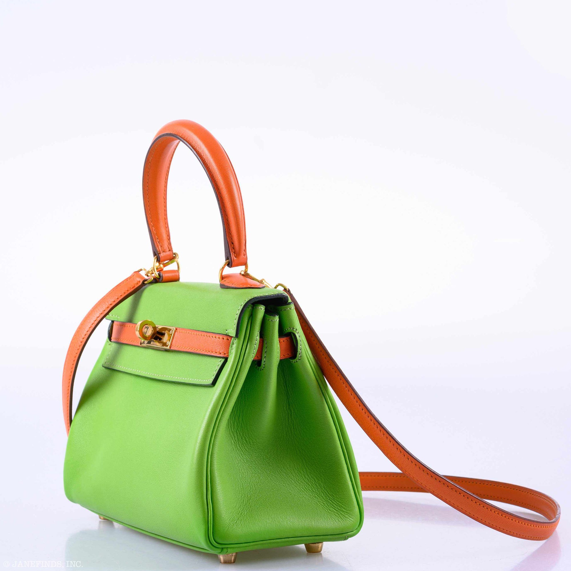 Hermès Kelly 20 Retourne Vert Cru and Orange H Gulliver Gold Hardware