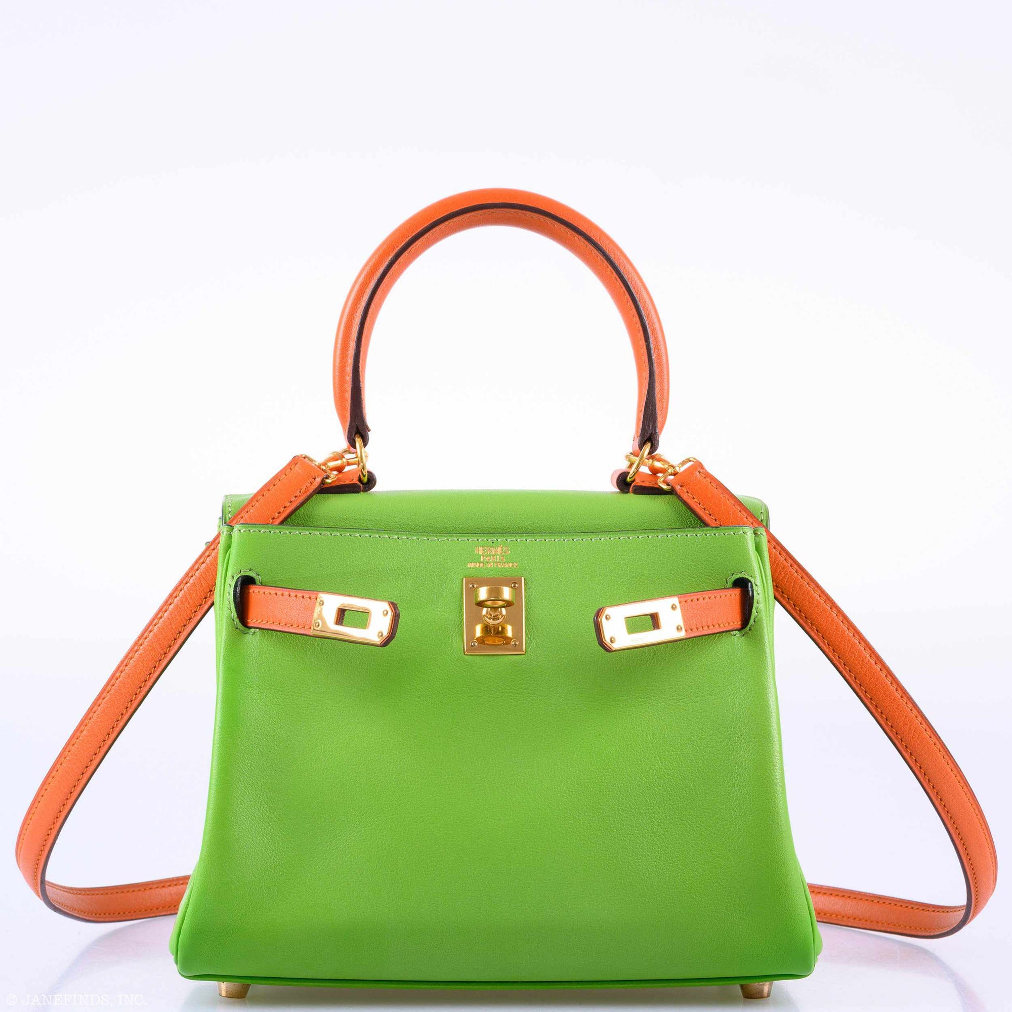 Hermès Kelly 20 Retourne Vert Cru and Orange H Gulliver Gold Hardware