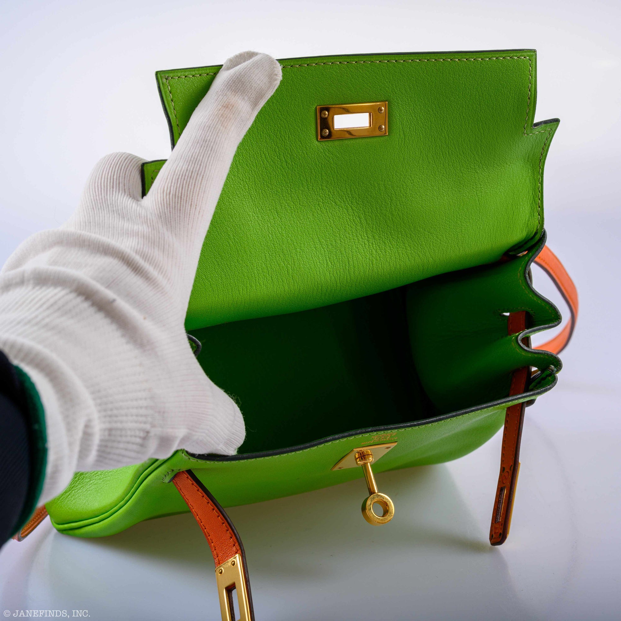 Hermès Kelly 20 Retourne Vert Cru and Orange H Gulliver Gold Hardware