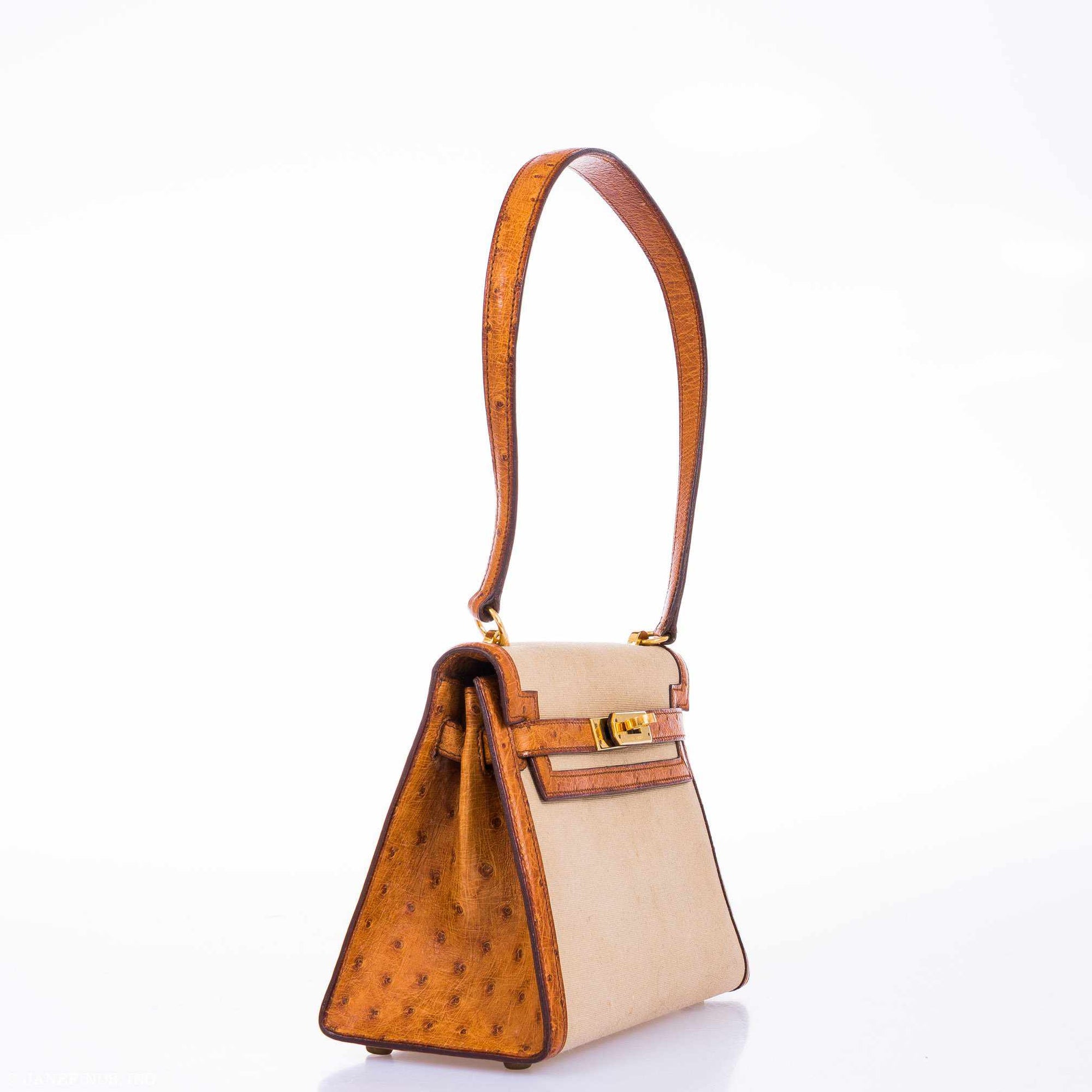 Hermès Kelly 20 Sellier Gold Ostrich & Natural Toile Gold Hardware - Vintage