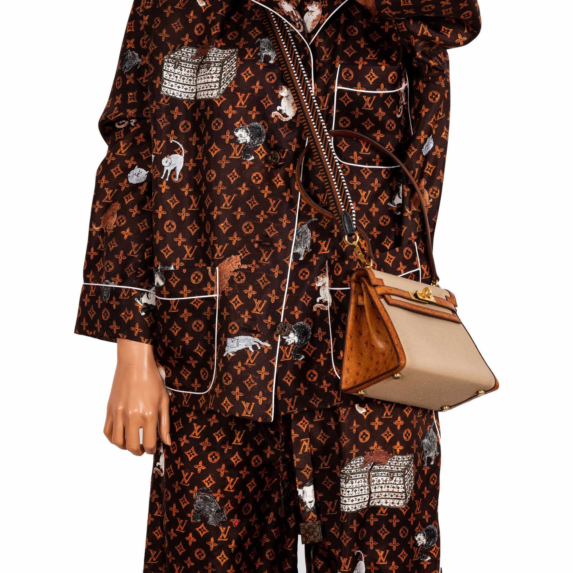 Hermès Kelly 20 Sellier Gold Ostrich & Natural Toile Gold Hardware - Vintage