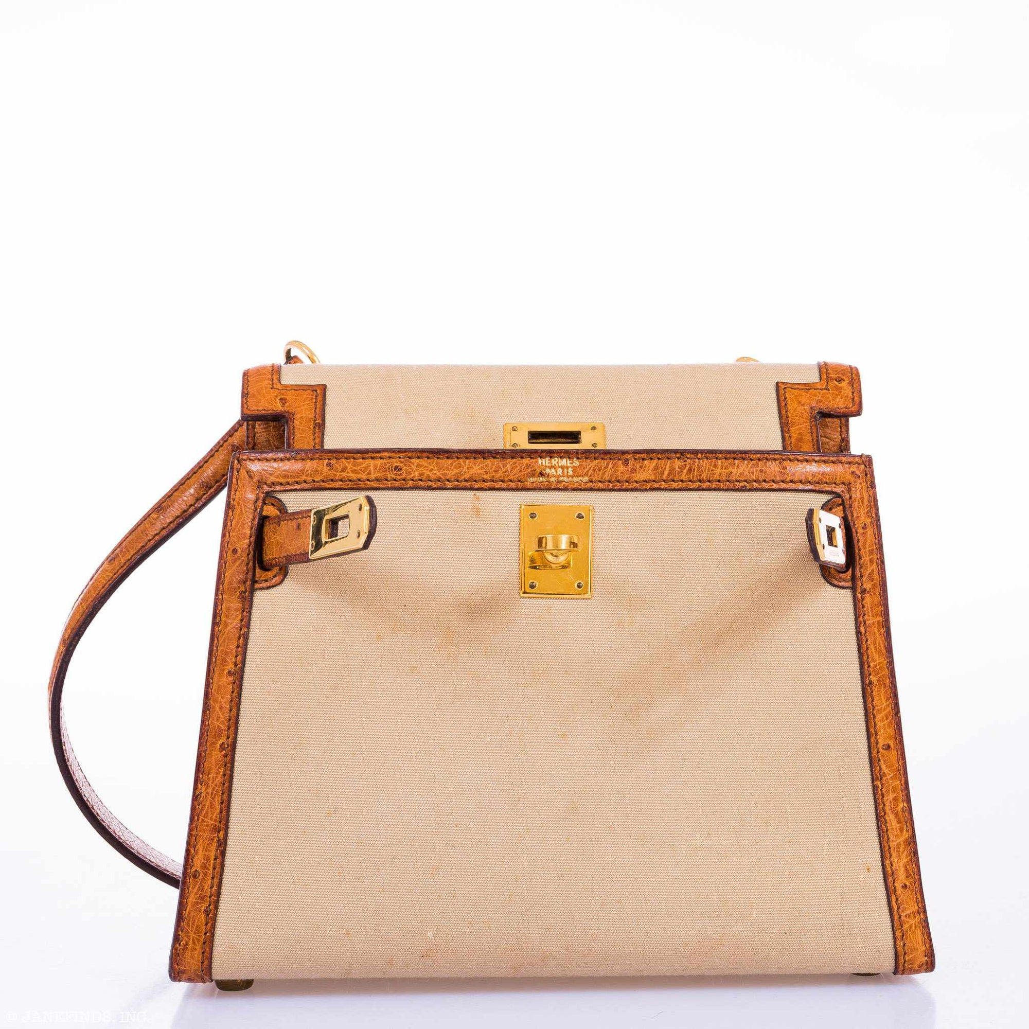 Hermès Kelly 20 Sellier Gold Ostrich & Natural Toile Gold Hardware - Vintage
