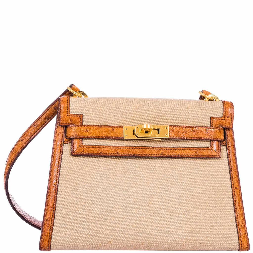 Hermes Kelly 20 Sellier Gold Ostrich & Natural Toile Gold Hardware