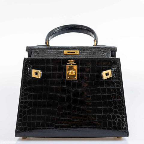 Hermès Kelly 20 Sellier Shiny Black Porosus Crocodile Gold Hardware - 1991