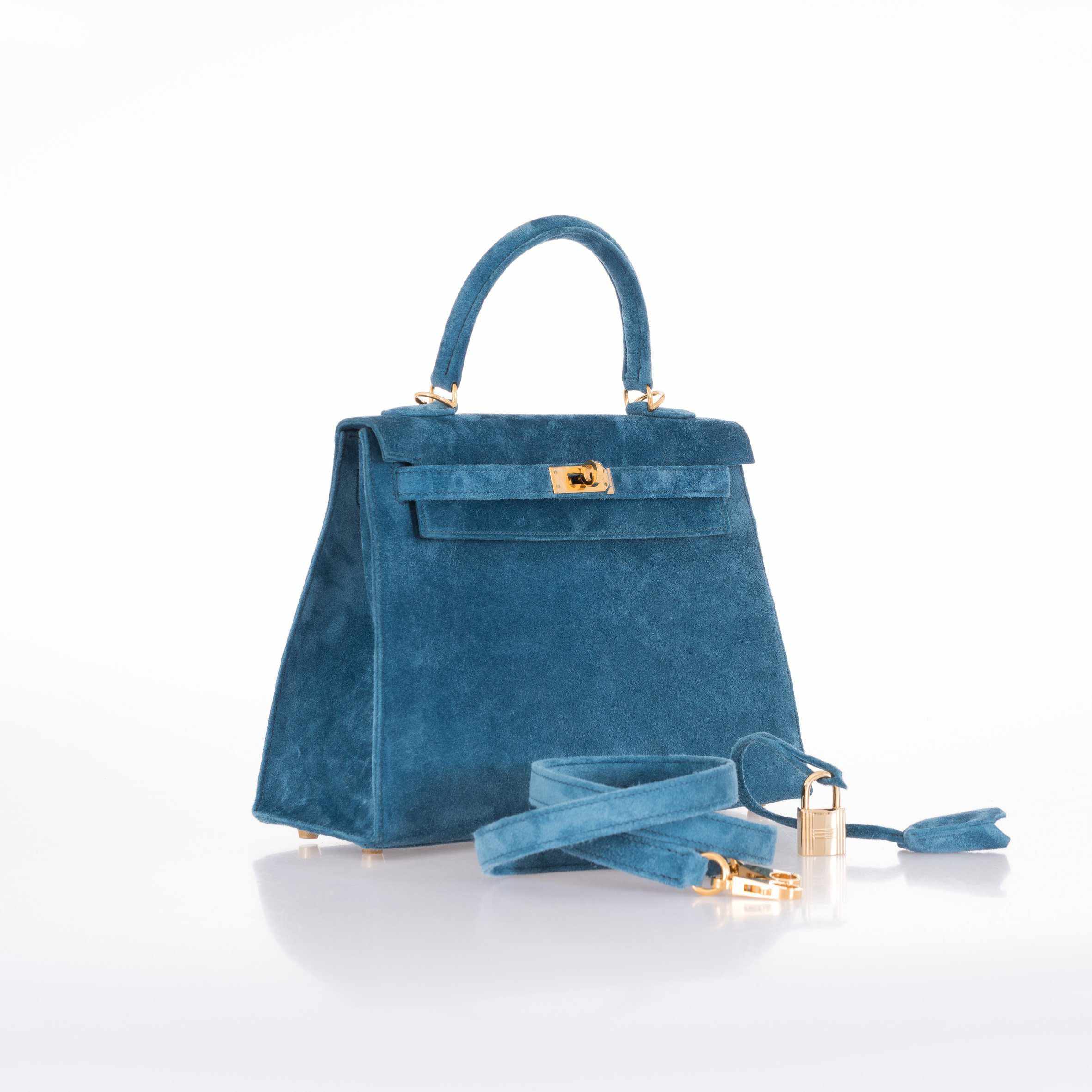 Hermès Kelly 25 Blue Thalassa Suede Gold Hardware