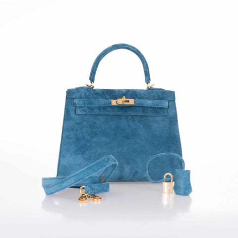 Hermès Kelly 25 Blue Thalassa Suede Gold Hardware