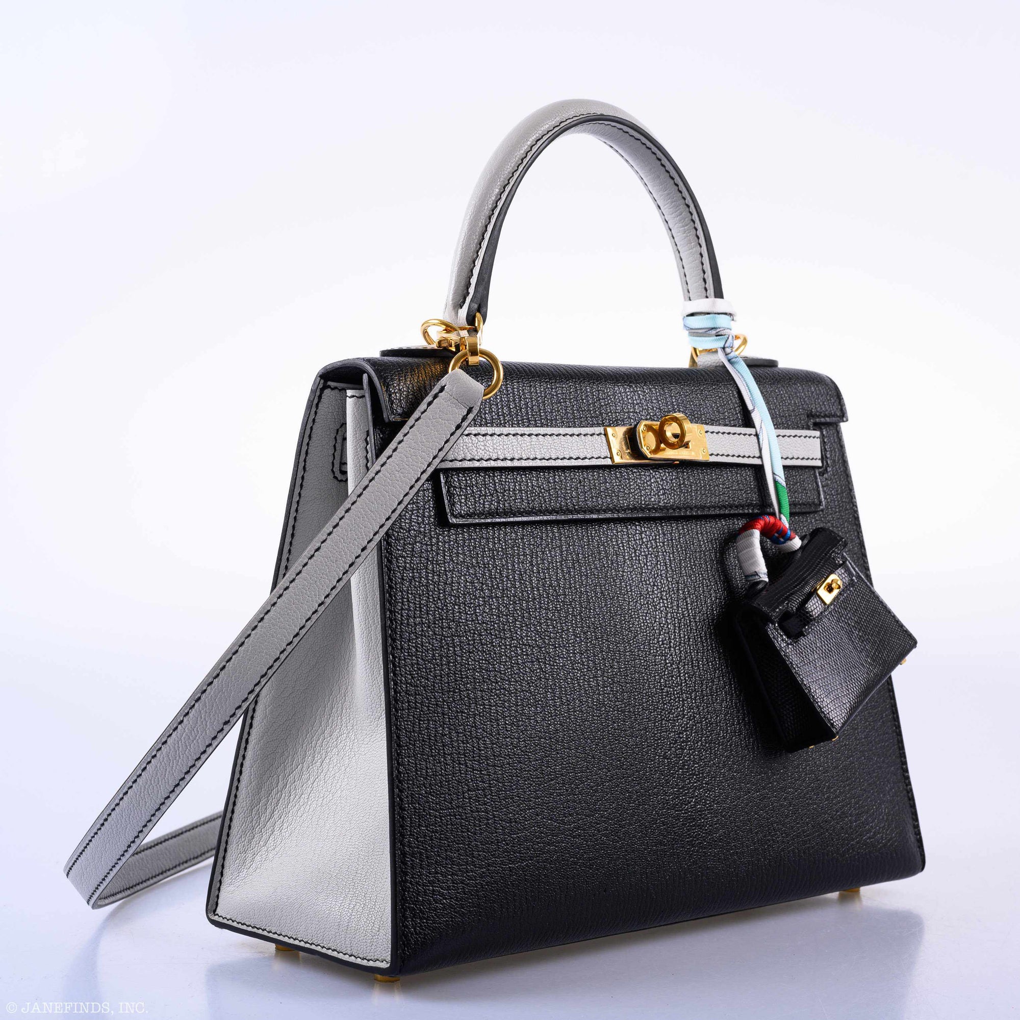 Hermès Kelly 25 HSS Sellier Black & Gris Perle Chevre Gold Hardware