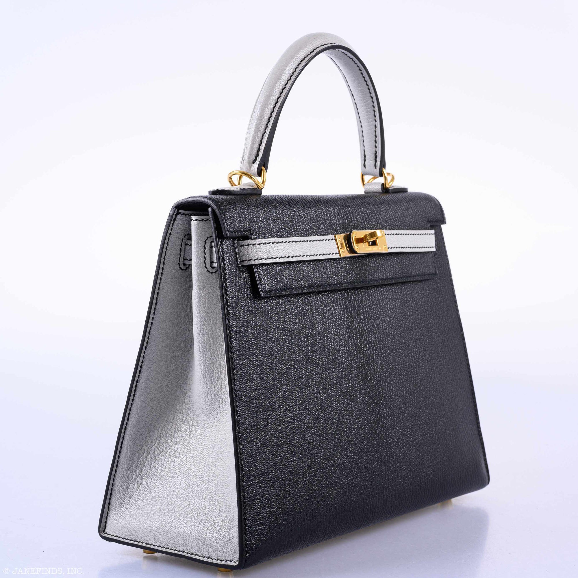 Hermès Kelly 25 HSS Sellier Black & Gris Perle Chevre Gold Hardware