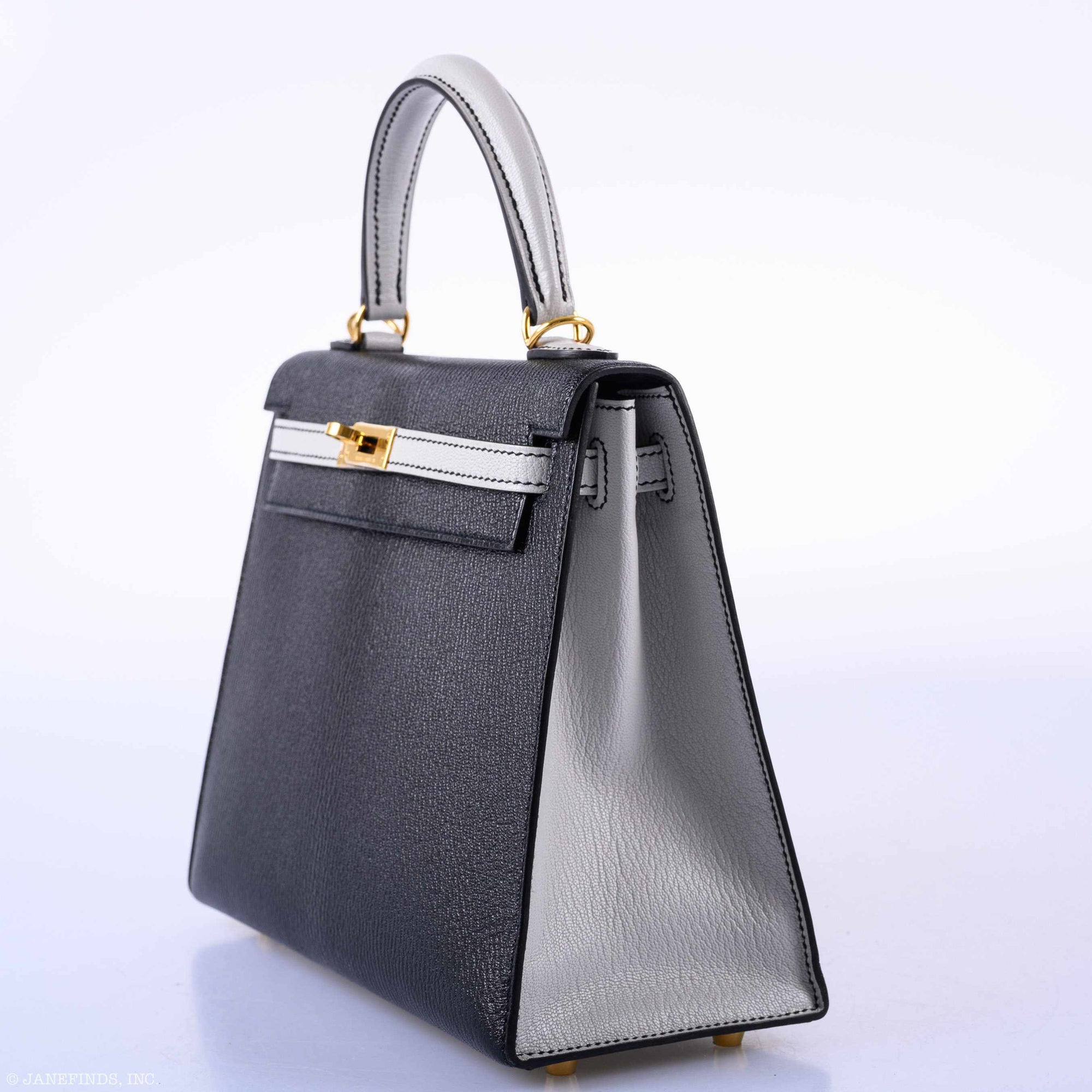 Hermès Kelly 25 HSS Sellier Black & Gris Perle Chevre Gold Hardware