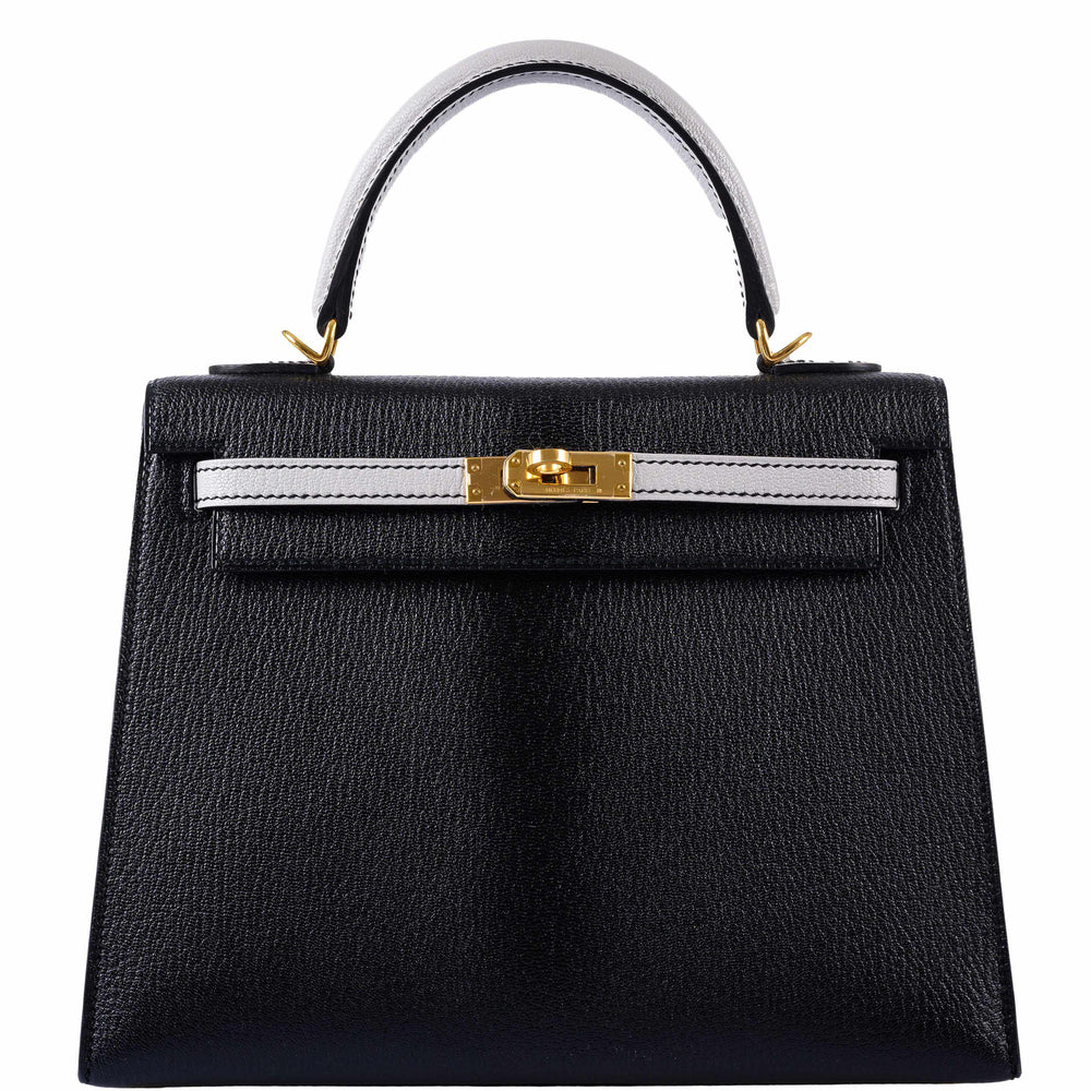 Hermès Kelly 25 HSS Sellier Black & Gris Perle Chevre Gold Hardware