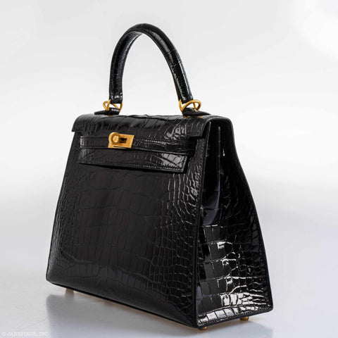 Hermès Kelly 25 HSS Sellier Black Shiny Alligator Brushed Gold Hardware - 2019, D