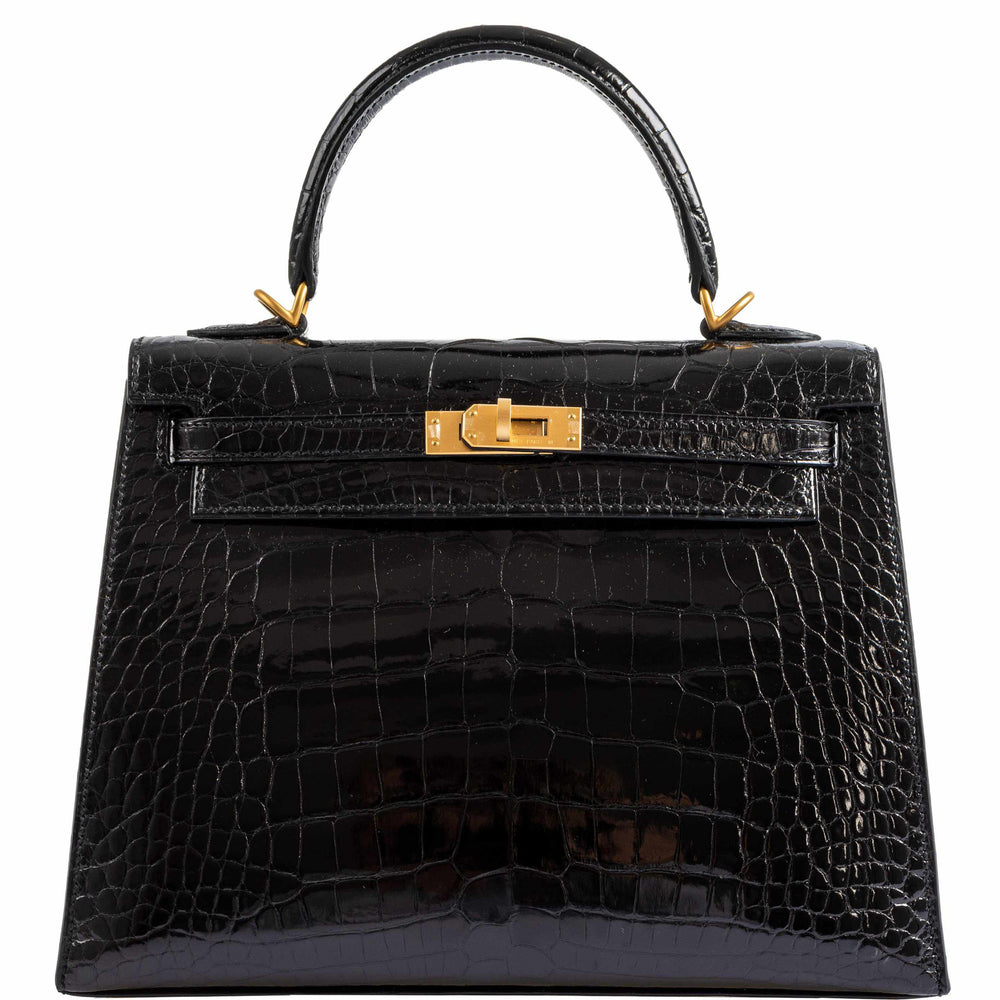 Hermès Kelly 25 HSS Sellier Black Shiny Alligator Brushed Gold Hardware