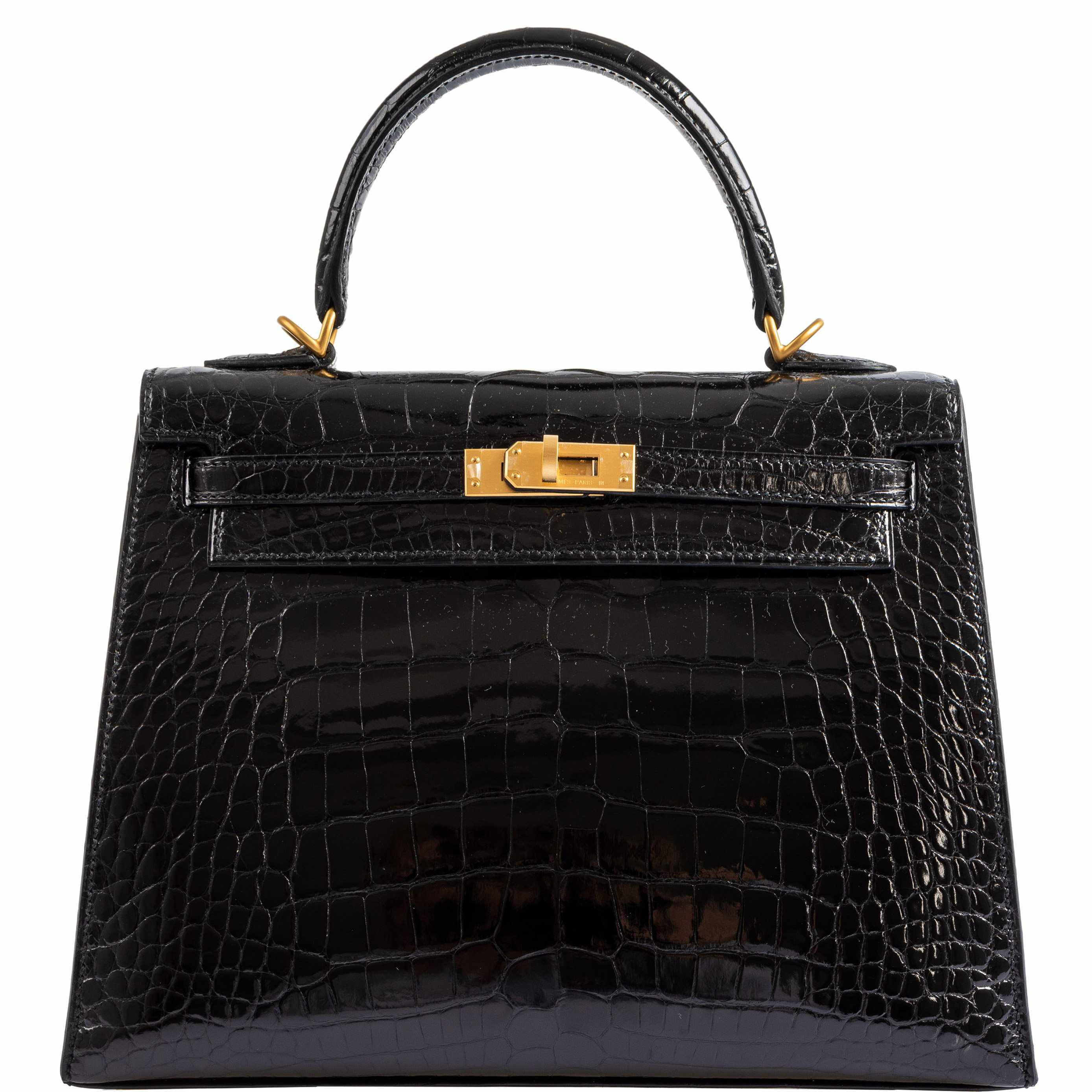 Hermès Kelly 25 HSS Sellier Black Shiny Alligator Brushed Gold Hardware