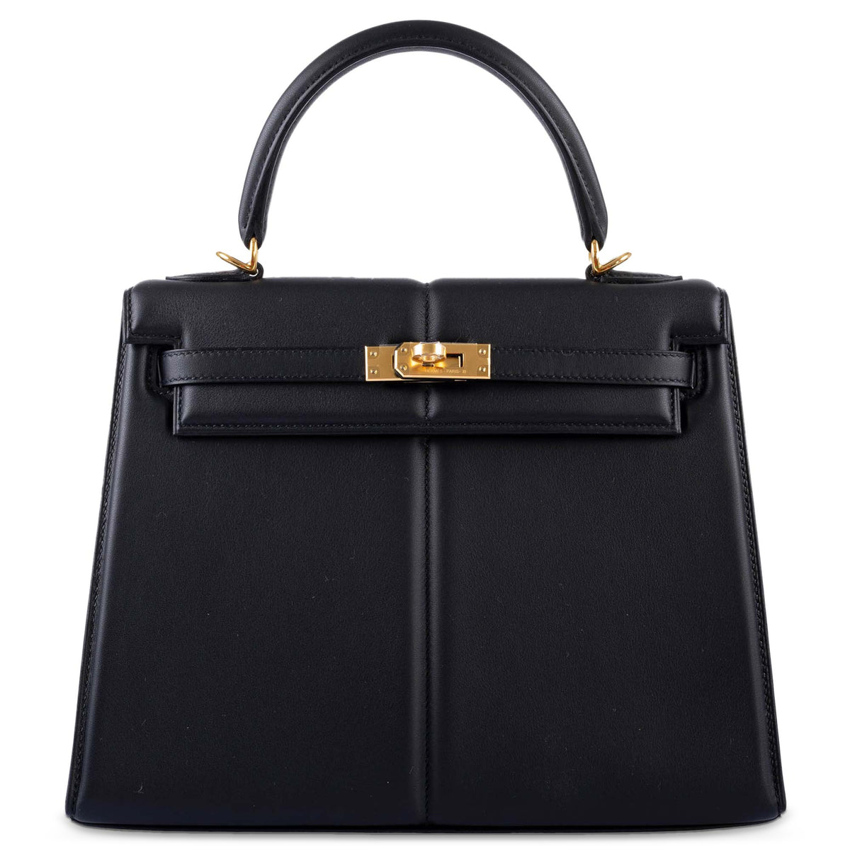 Hermès Kelly 25 Padded Sellier Black Barenia and Swift Leather Gold Hardware, front view