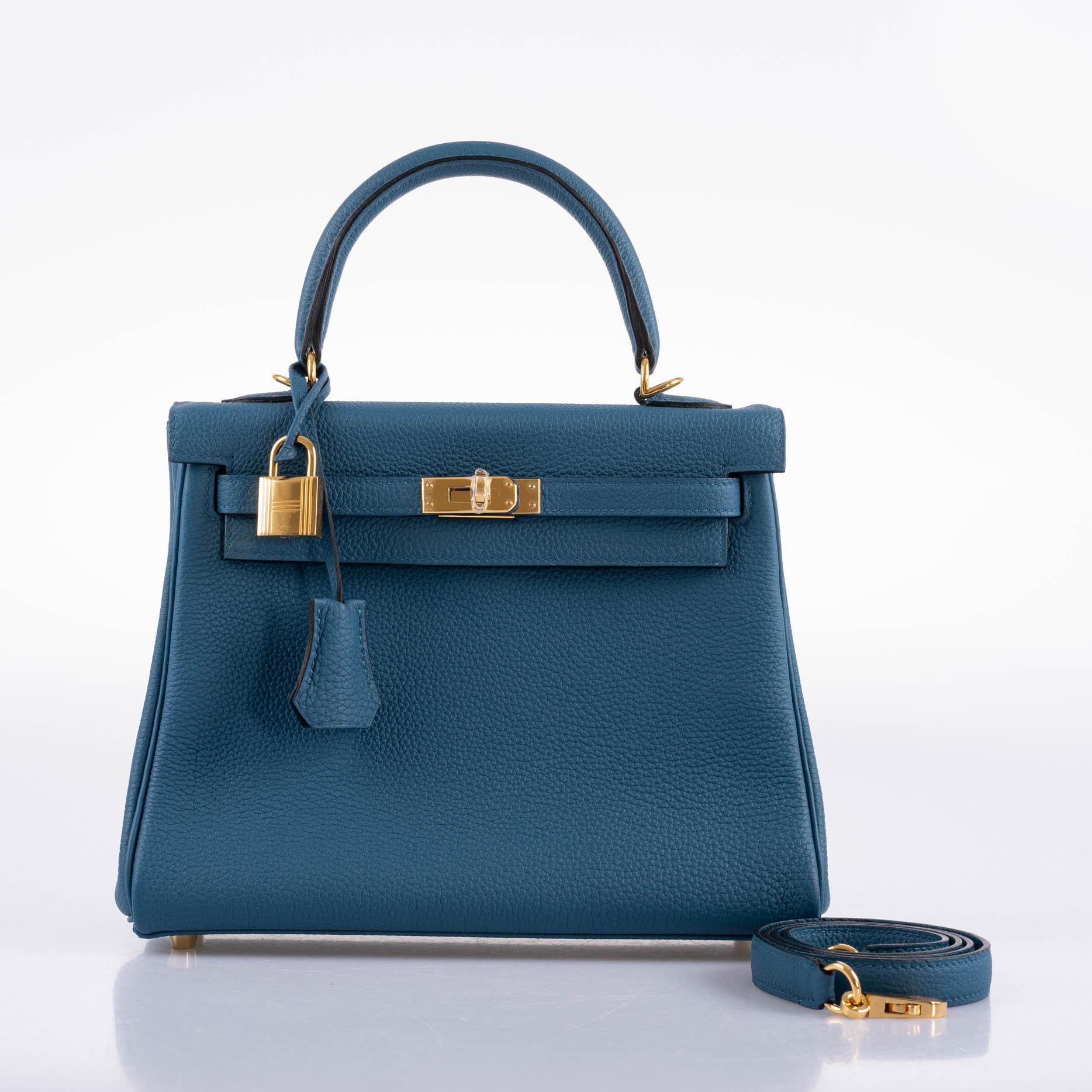 Hermès Kelly 25 Retourne Blue Colvert Togo Gold Hardware