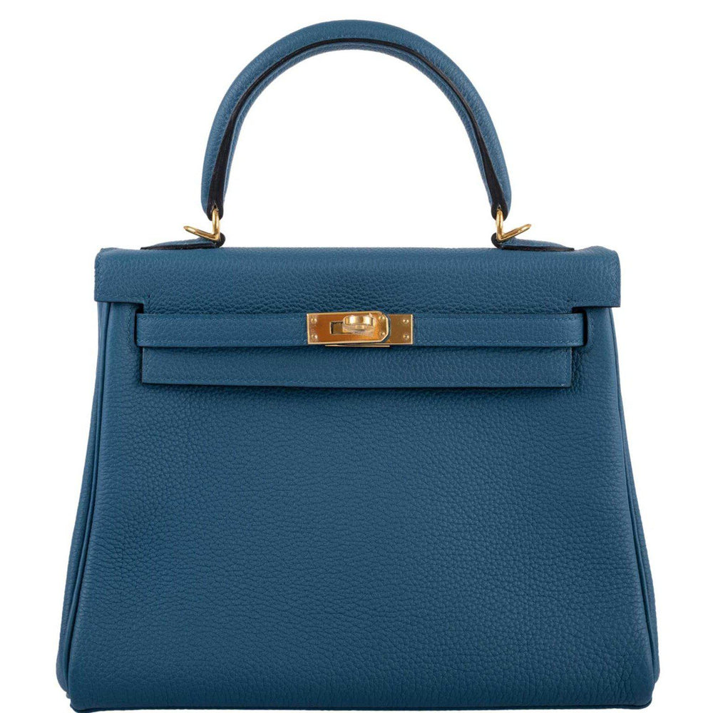 Hermès Kelly 25 Retourne Blue Colvert Togo Gold Hardware