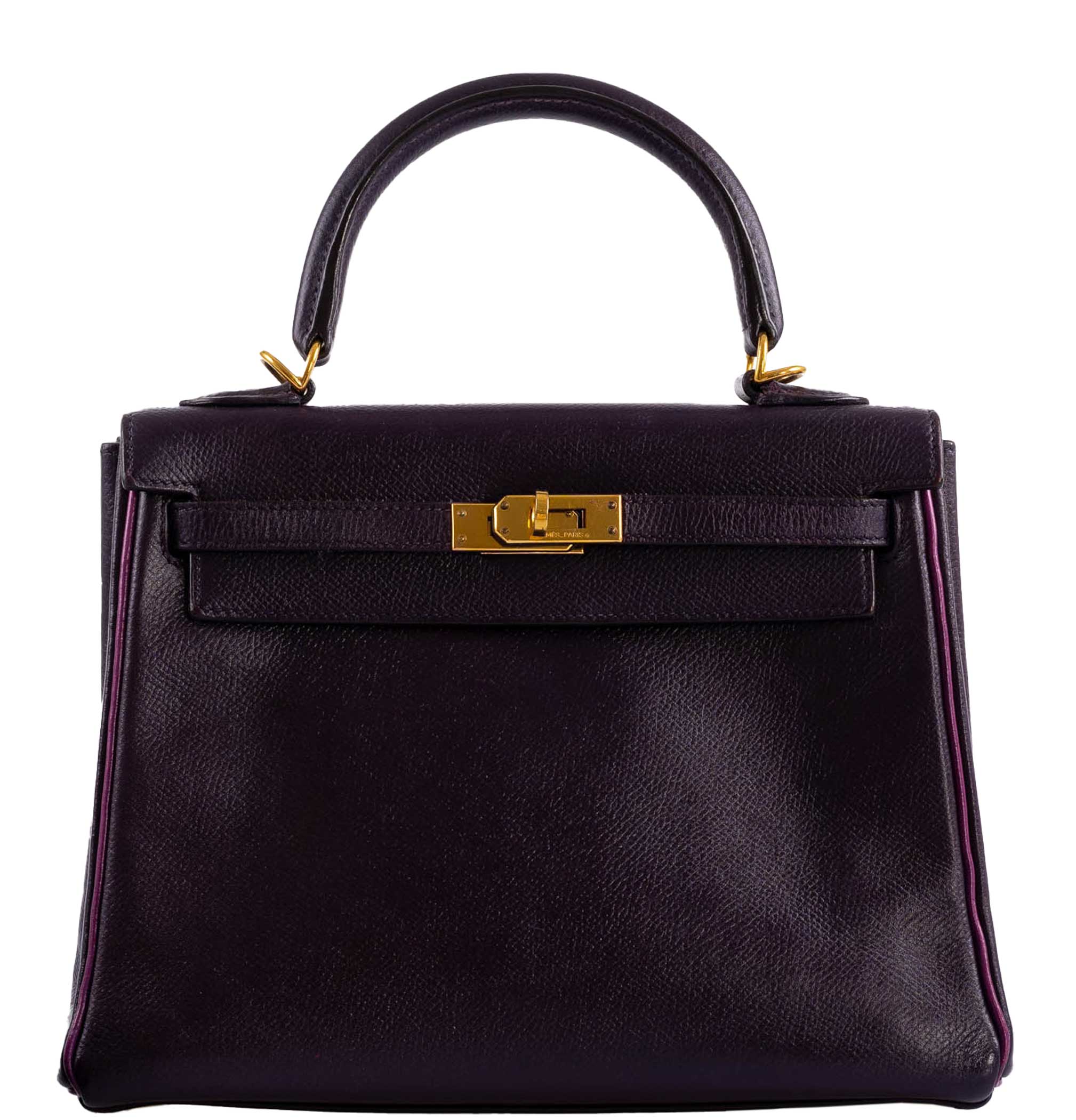 Hermès Kelly 25 Retourne Raisin & Cyclamen Epsom with Gold Hardware - 2004, H Square